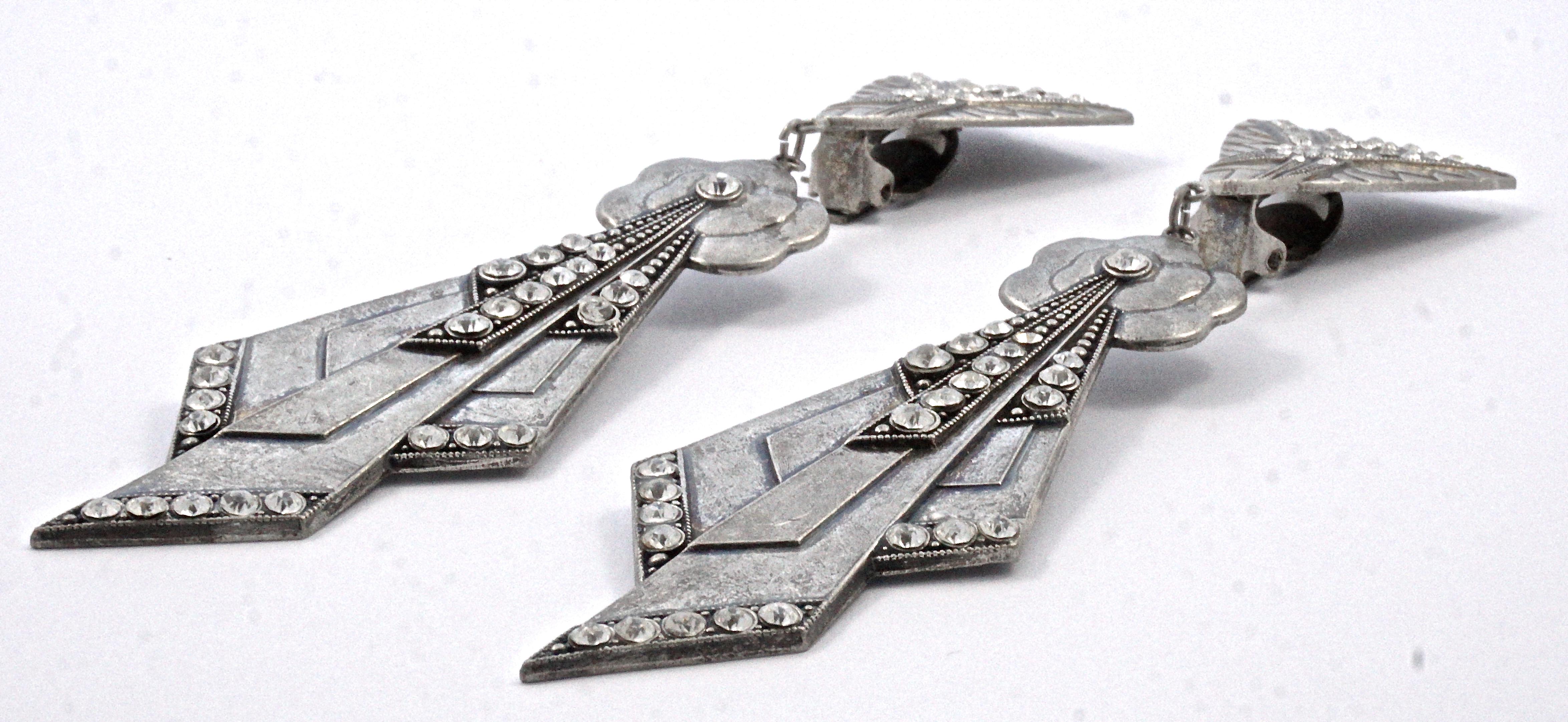 Women's Pierre Bex Art Deco style Silver Plated and Rhinestone Drop Statement Earrings
