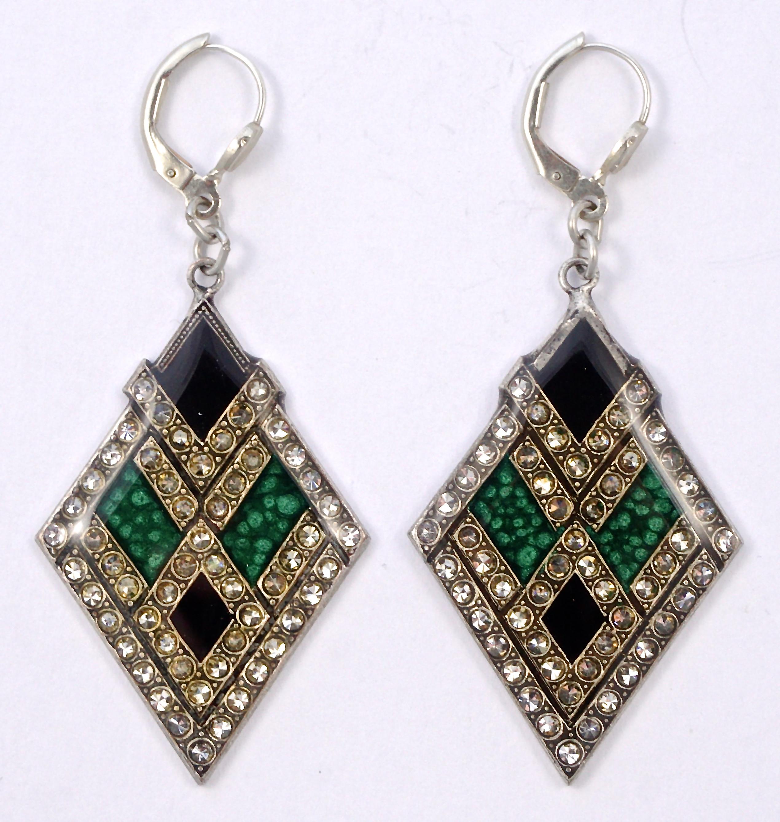 Fabulous Pierre Bex antique finish silver plated Art Deco style lever back earrings. The lovely diamond shaped drops are embellished with crystal rhinestones, and feature plain black and textured green enamel. The drops measure length 4.1cm / 1.61