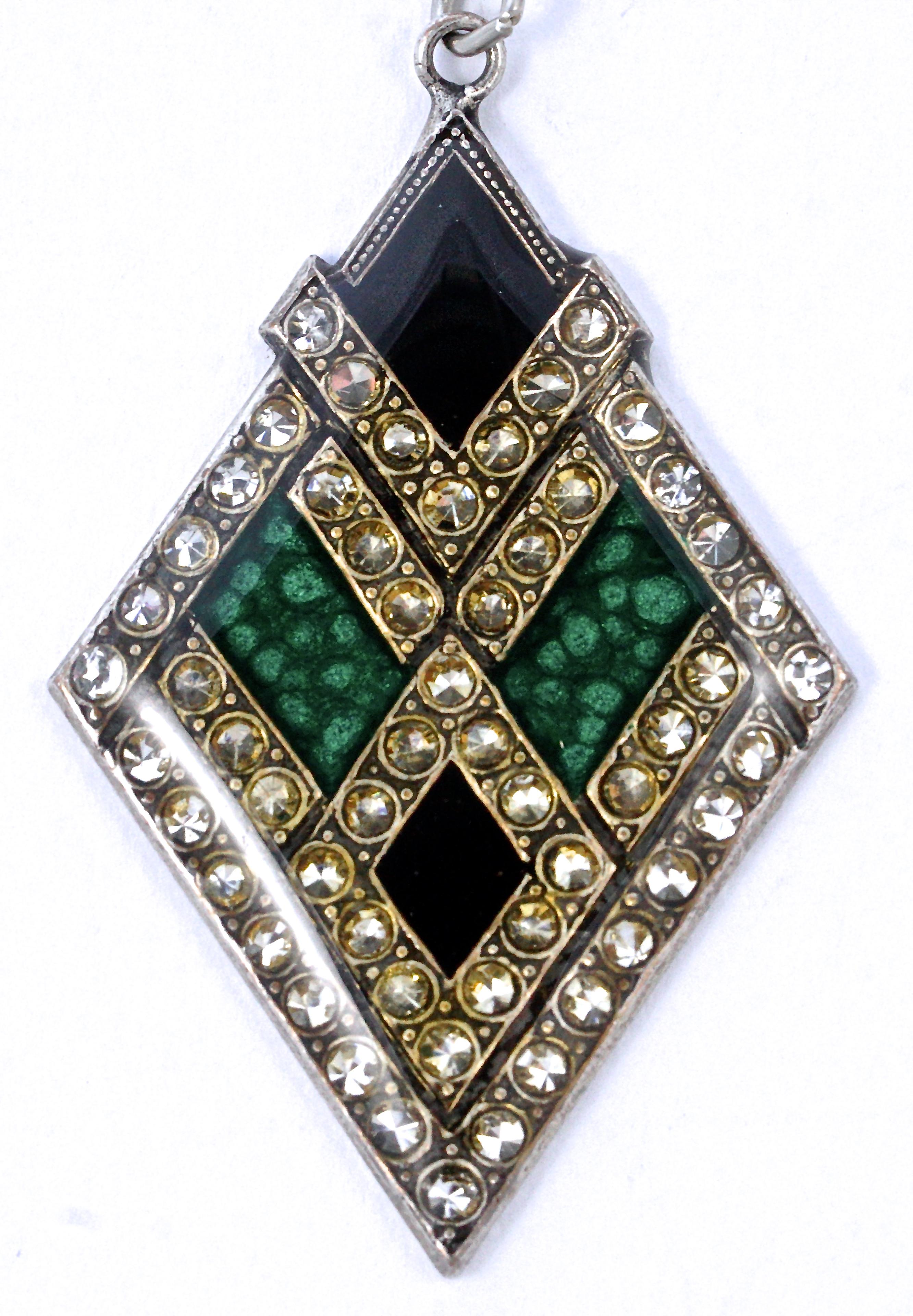 Pierre Bex Art Deco Stil versilberte grüne schwarze Emaille Strass-Ohrringe (Art déco) im Angebot