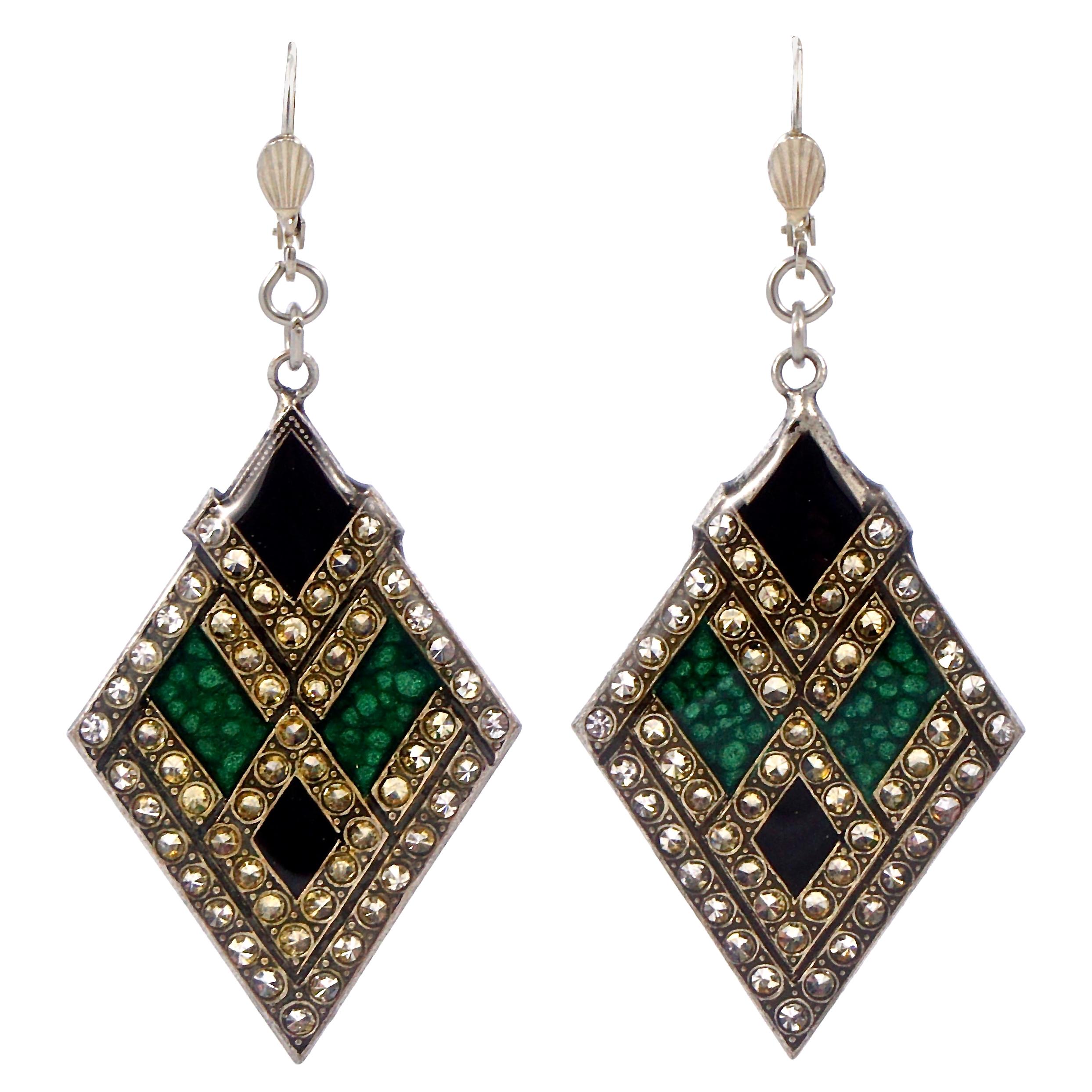 Pierre Bex Art Deco Style Silver Plated Green Black Enamel Rhinestone Earrings For Sale at