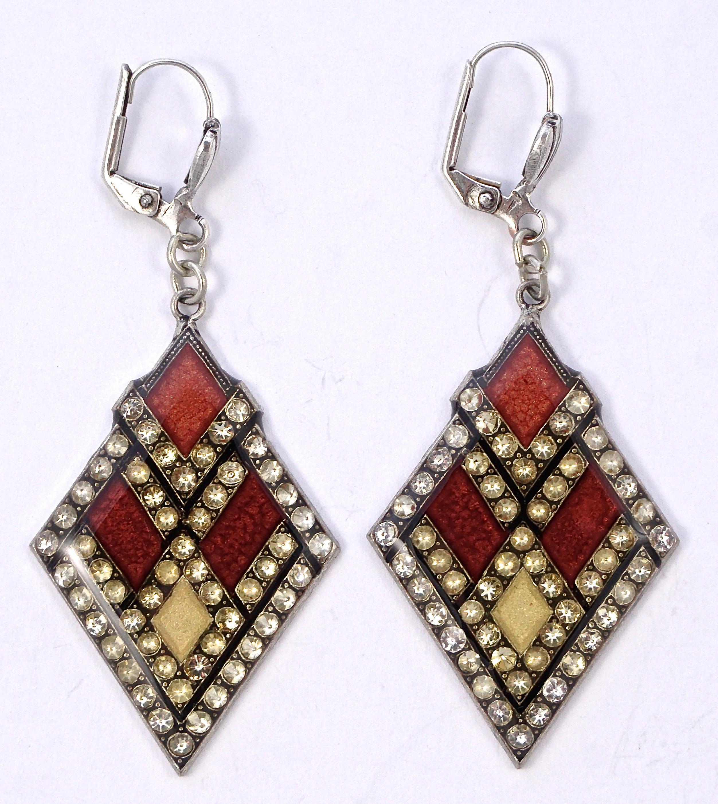 Fabulous Pierre Bex antique finish silver plated Art Deco style lever back earrings. The lovely diamond shaped drops are embellished with crystal rhinestones, and feature textured burnt orange and pale yellow enamel. The drops measure length 4.1cm /