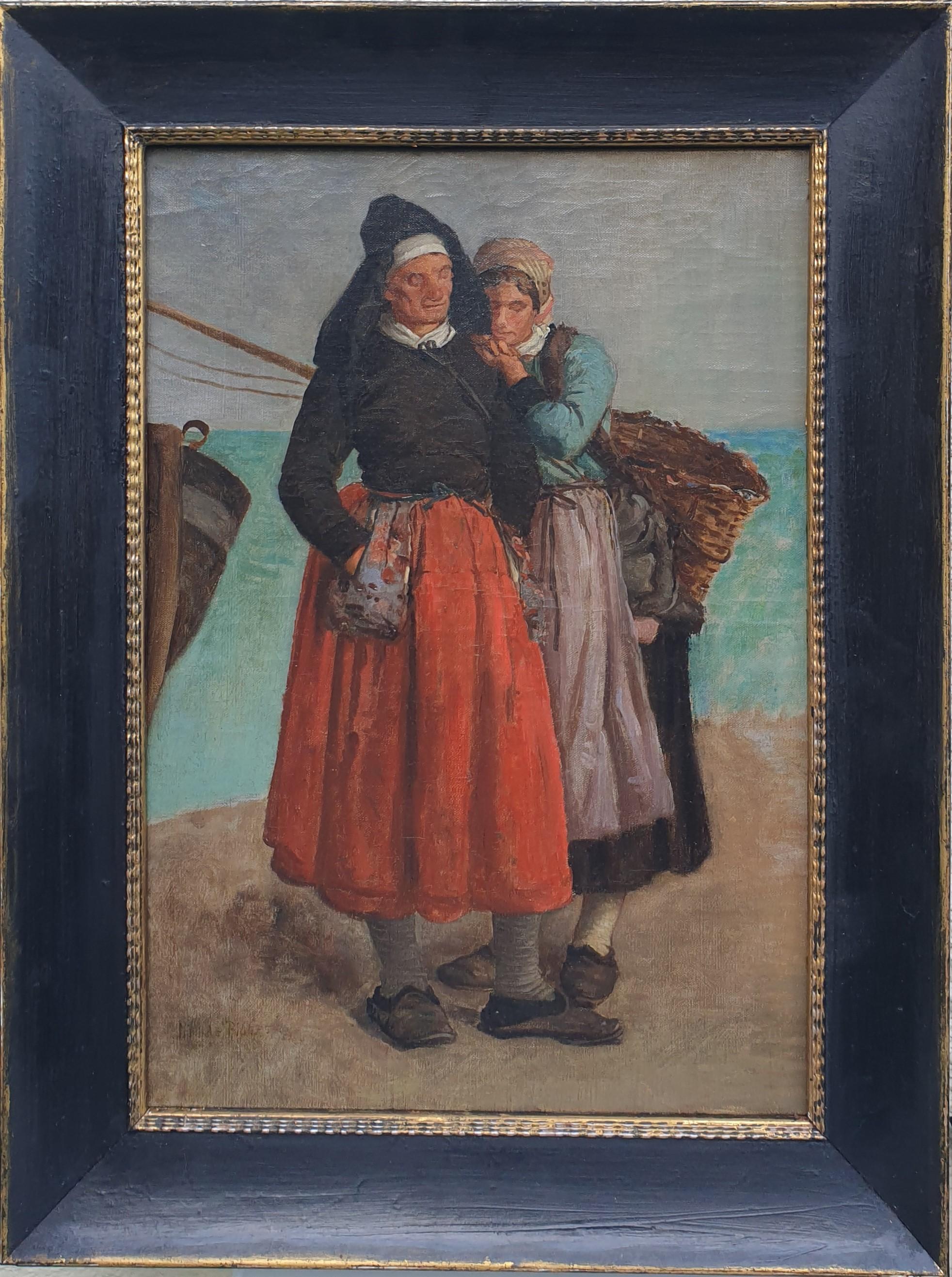 Pierre Billet Figurative Painting - Realist french painting Fishermen wifes BILLET portrait costumes 19th 