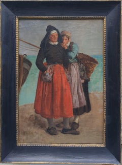 Antique Realist french painting Fishermen wifes BILLET portrait costumes 19th 