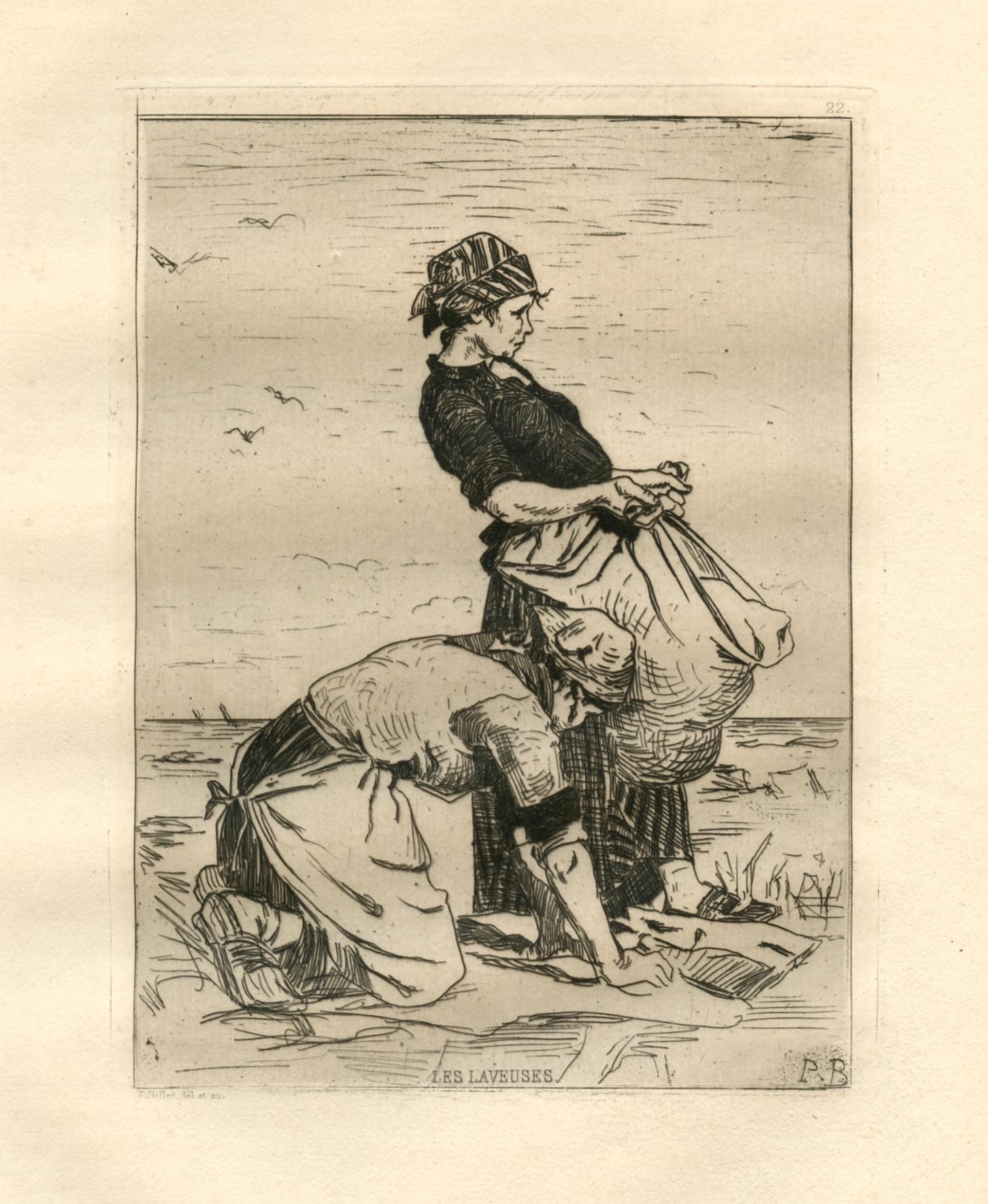 "Les Laveuses" original etching - Print by Pierre Billet