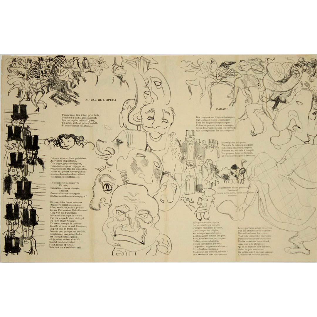 This rare and whimsical 1895 poster by Pierre Bonnard was created as a special supplement to La Revue Blanche, the influential French literary and artistic magazine of the fin-de-siècle. Titled Nib Carnavalesque, this double-sided print is not only
