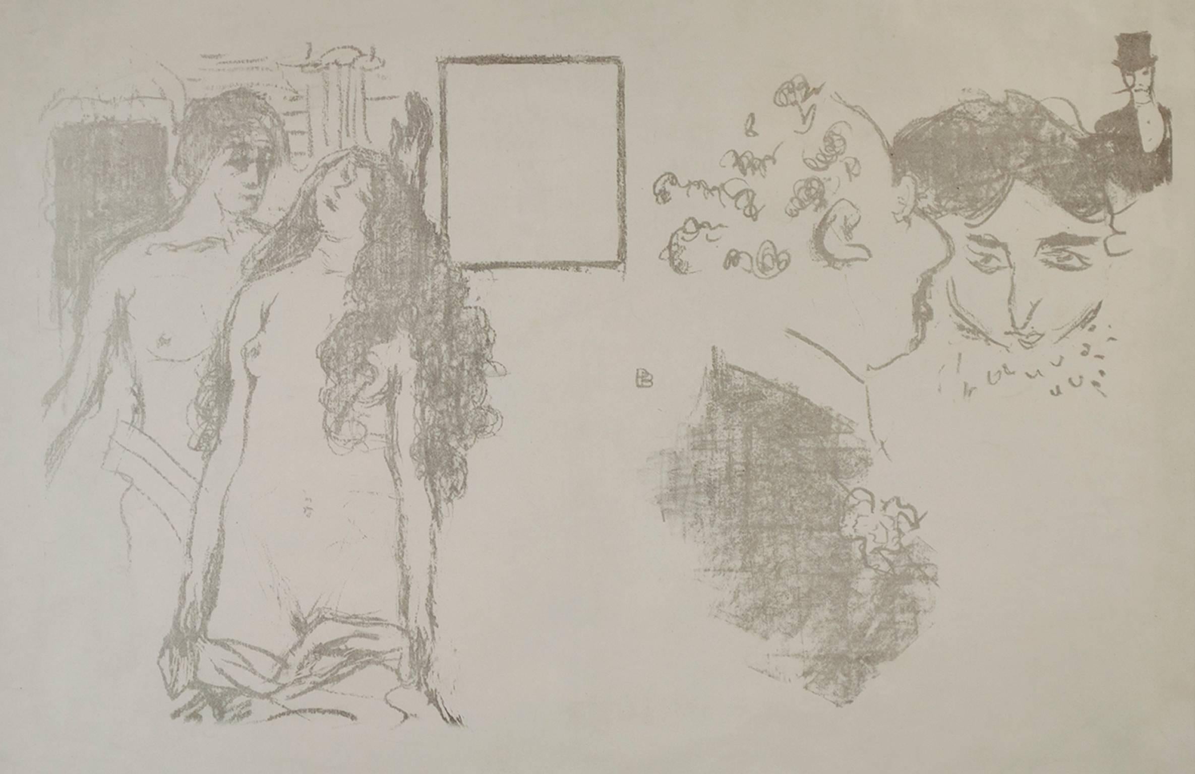 "La Derniere Croisade (CRM39)" is an original lithograph by Pierre Bonnard. This is a rare 1st state of this piece. The artist wrote his monogram in the center of the print. This piece depicts two near-nude figures on the left and three party-goers