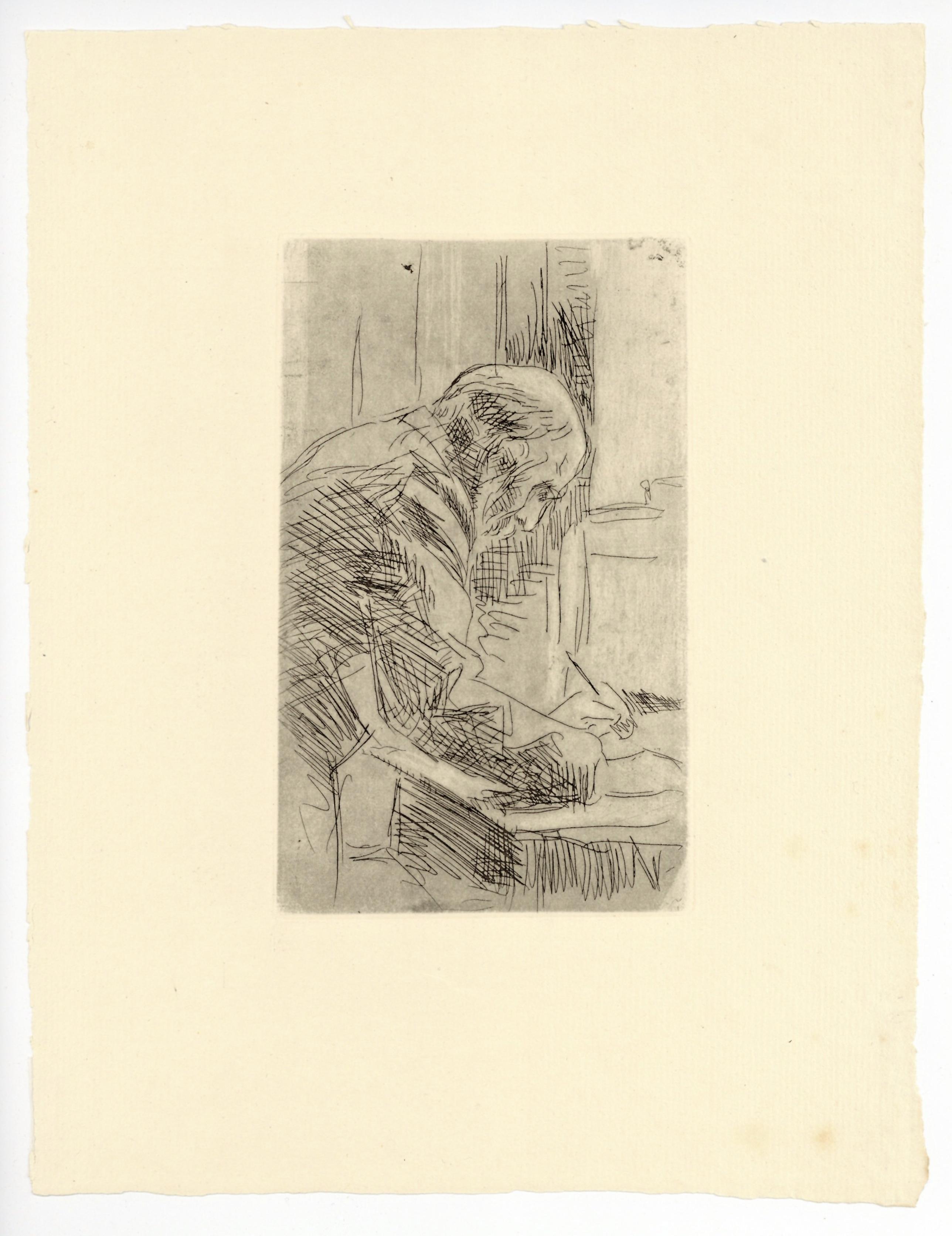 Medium: original etching. Believed to be a self-portrait, this impression on laid paper was printed ca. 1930. Plate size: 7 5/8 x 4 5/8 inches (195 x 119 mm). Sheet size: 13 x 10 inches (333 x 255 mm). Not signed.

Condition: there are a few spots