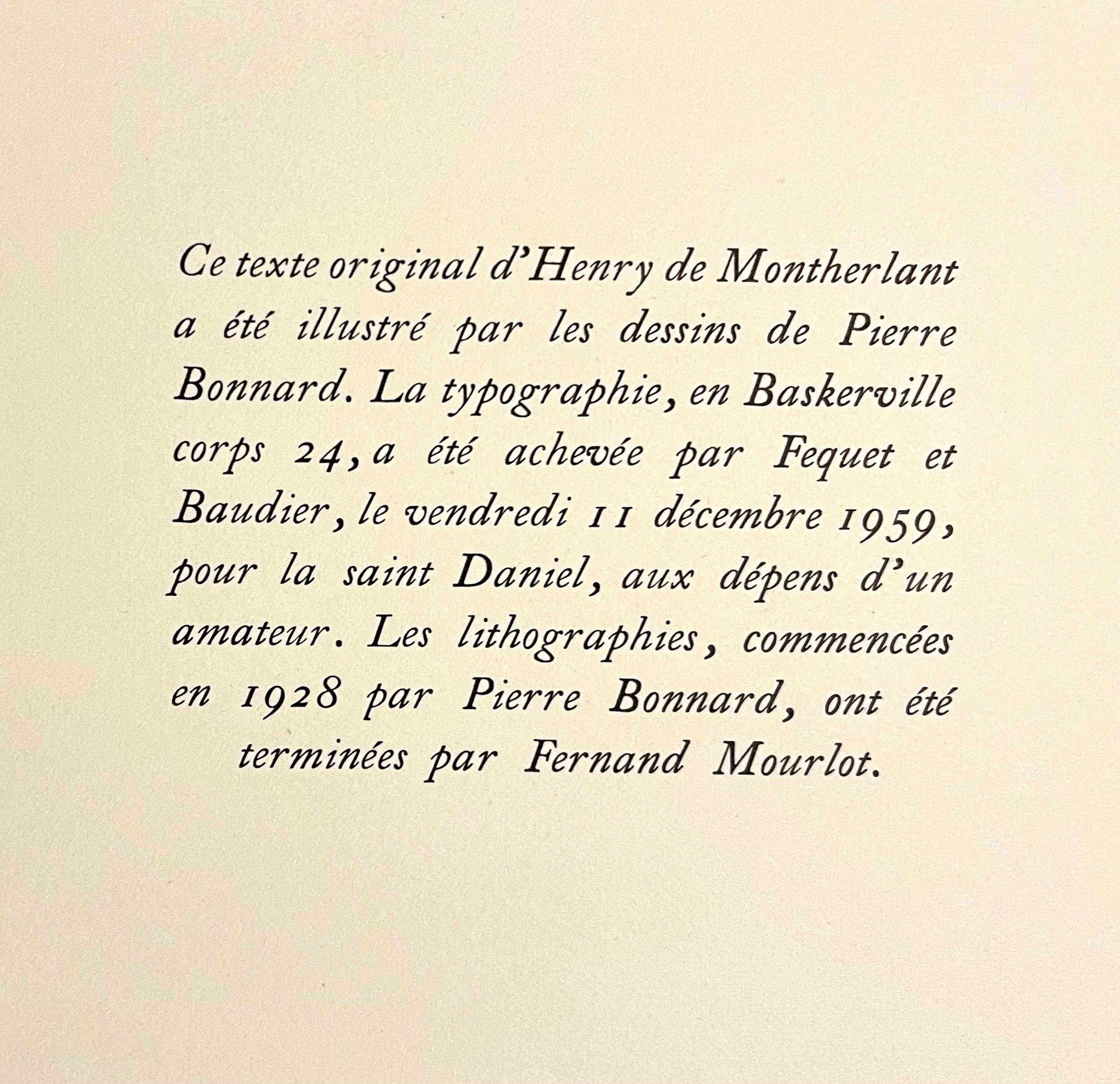
This is from a  limited edition portfolio of original lithographs print Fernand Mourlot in Paris in 1958 from work done in collaboration with Bonnard which began in 1928. 
This is from the rare first edition, No. VII of 20 unbound sets, specially