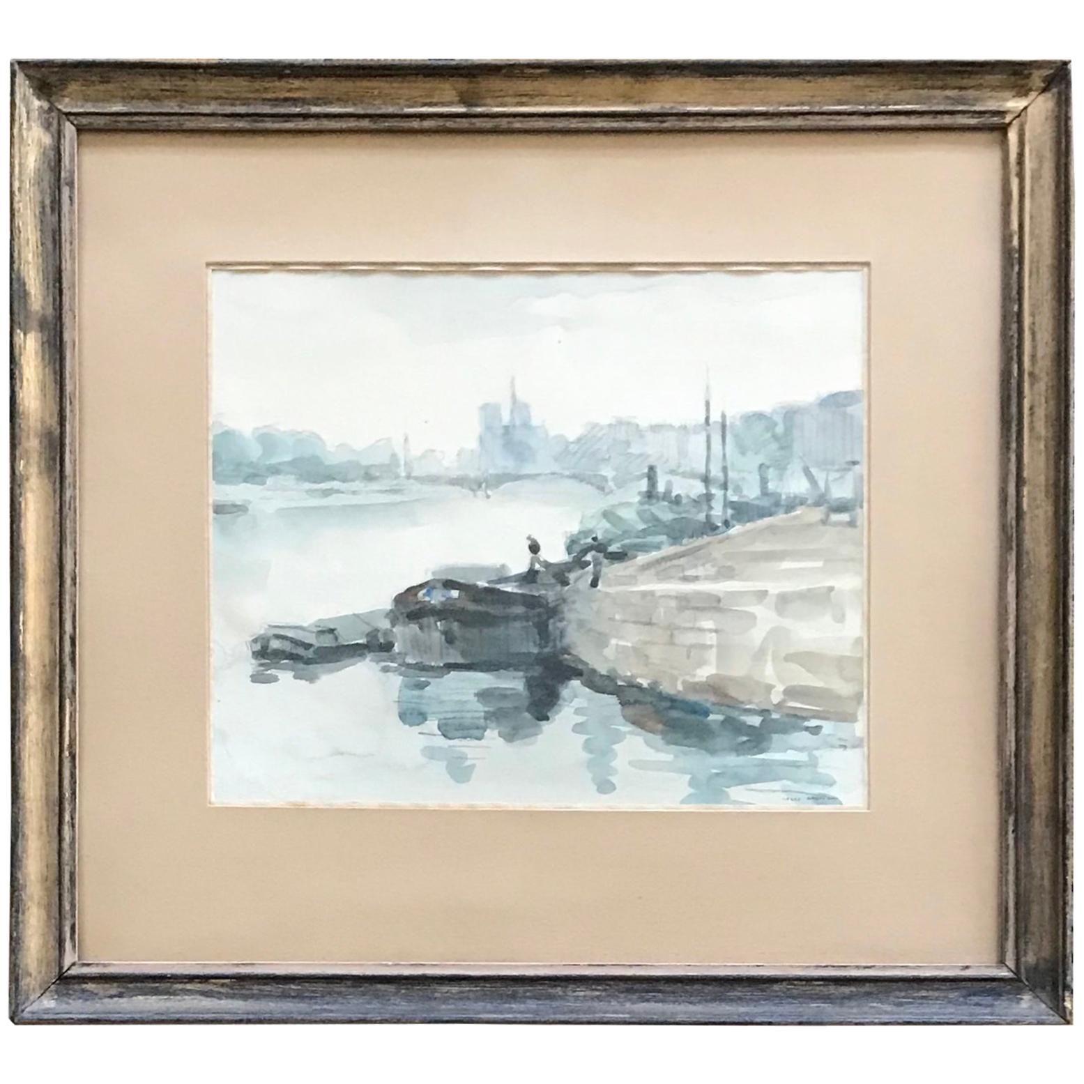 Pierre Bordeaux, Pariser Blick auf die Seine, 1934. Dieses handgemalte Aquarell in sanften Blau-, Grau-, Seladon- und Büffeltönen des Port Henri an der Seine, gleich unterhalb der Pont Henri und Notre Dame, vermittelt einen Hauch von April in Paris.