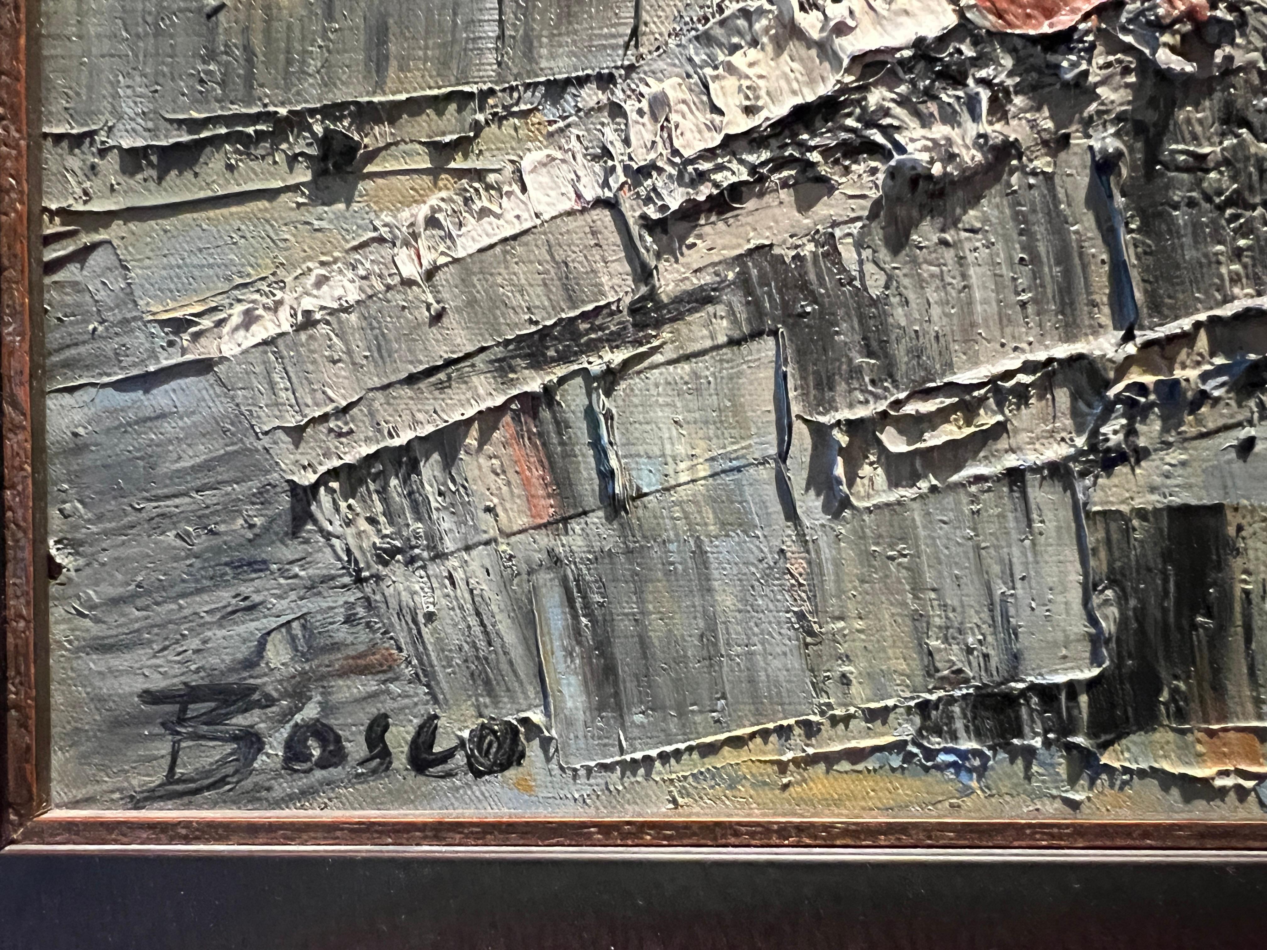 Ein fabelhaftes abstraktes Ölgemälde aus der Mitte des Jahrhunderts mit dem Titel Pferderennen von Pierre Bosco. Ausgestellt in einem dunklen Holzrahmen mit goldenem Einsatz und bereit zum Aufhängen. Ausgezeichneter Zustand, Originalzustand
