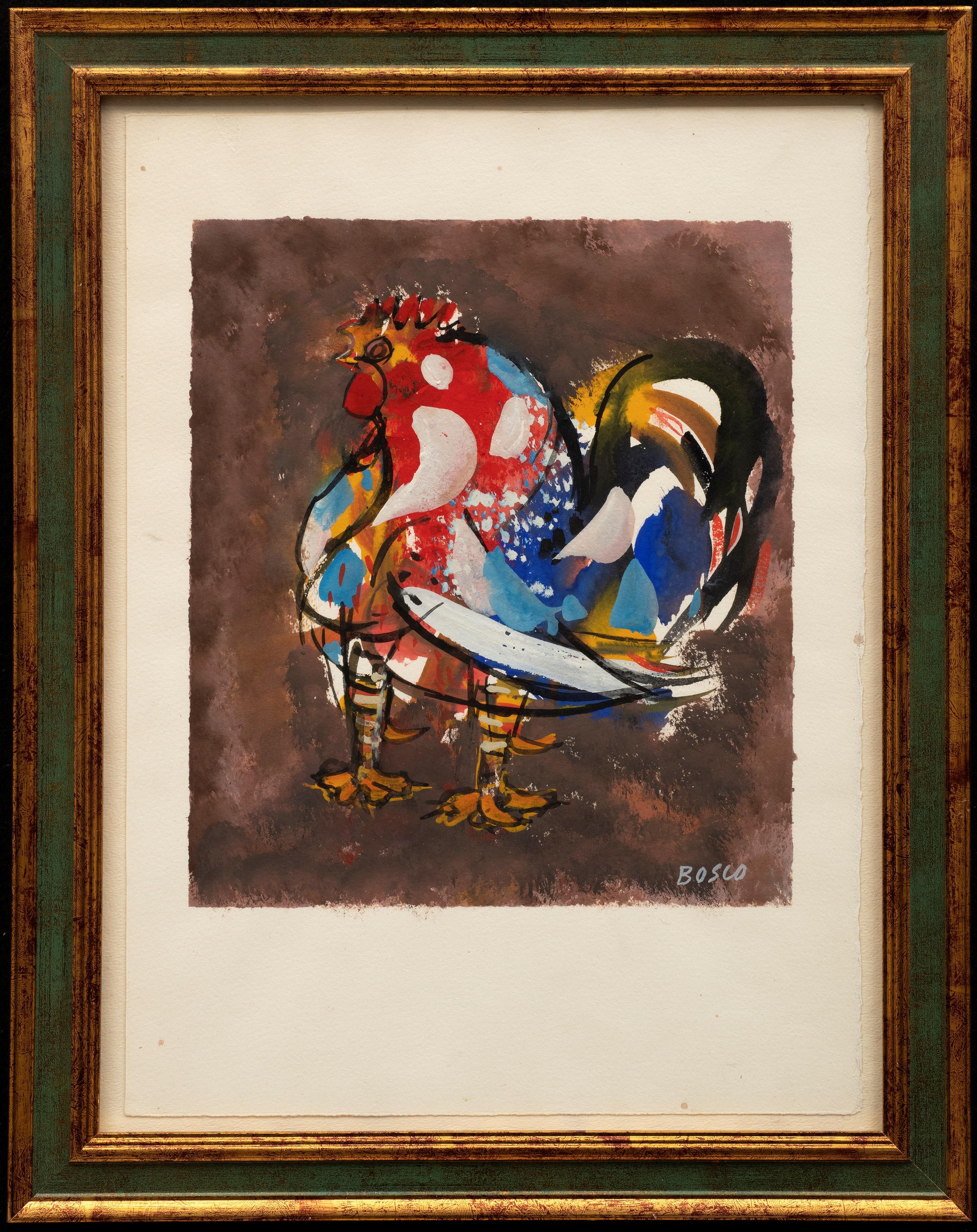 "Coq" 
Pierre Bosco, (1909-1993)
Gouache sur papier
10 x 9 (cadre 18 x 14) pouces

Pierre Bosco a montré un intérêt pour l'art dès son plus jeune âge. Son engagement et son dévouement à la peinture l'ont finalement conduit à Gênes, puis à Rome, où
