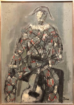 Peinture à l'huile moderne française d'un performer de cirque, Harlequin