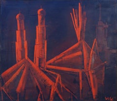 Paysage cathédrale cubiste abstrait rouge et noir « Cathdrale », mi-siècle moderne
