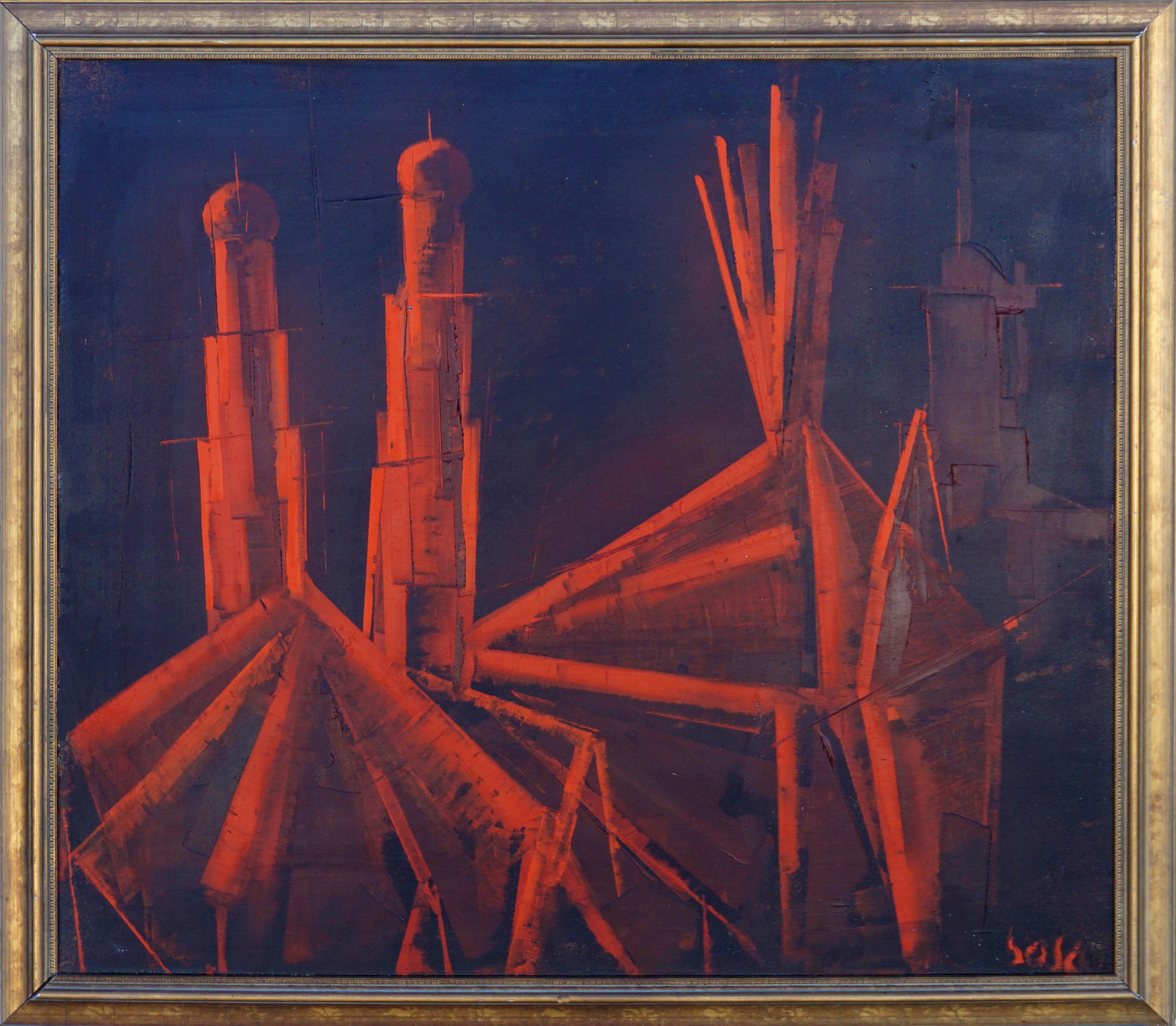 Pierre Bosco Abstract Painting - "Cathédrale", Mid-Century Modern Red & Black Abstract Cubist Cathedral Landscape