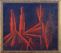 "Cathédrale", Mid-Century Modern Red & Black Abstract Cubist Cathedral Landscape