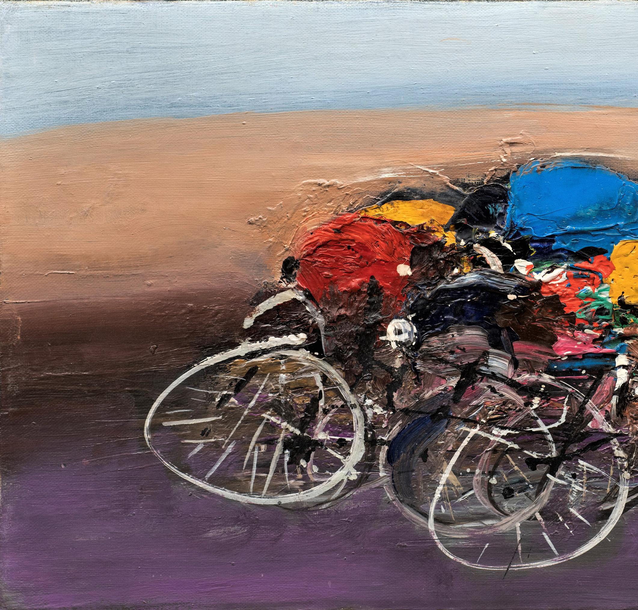 Cyclistes du milieu du siècle - Course de vélo ; On the Line Bosco n° 46 (Italie/France, 1909-1993) - Expressionnisme abstrait Painting par Pierre Bosco