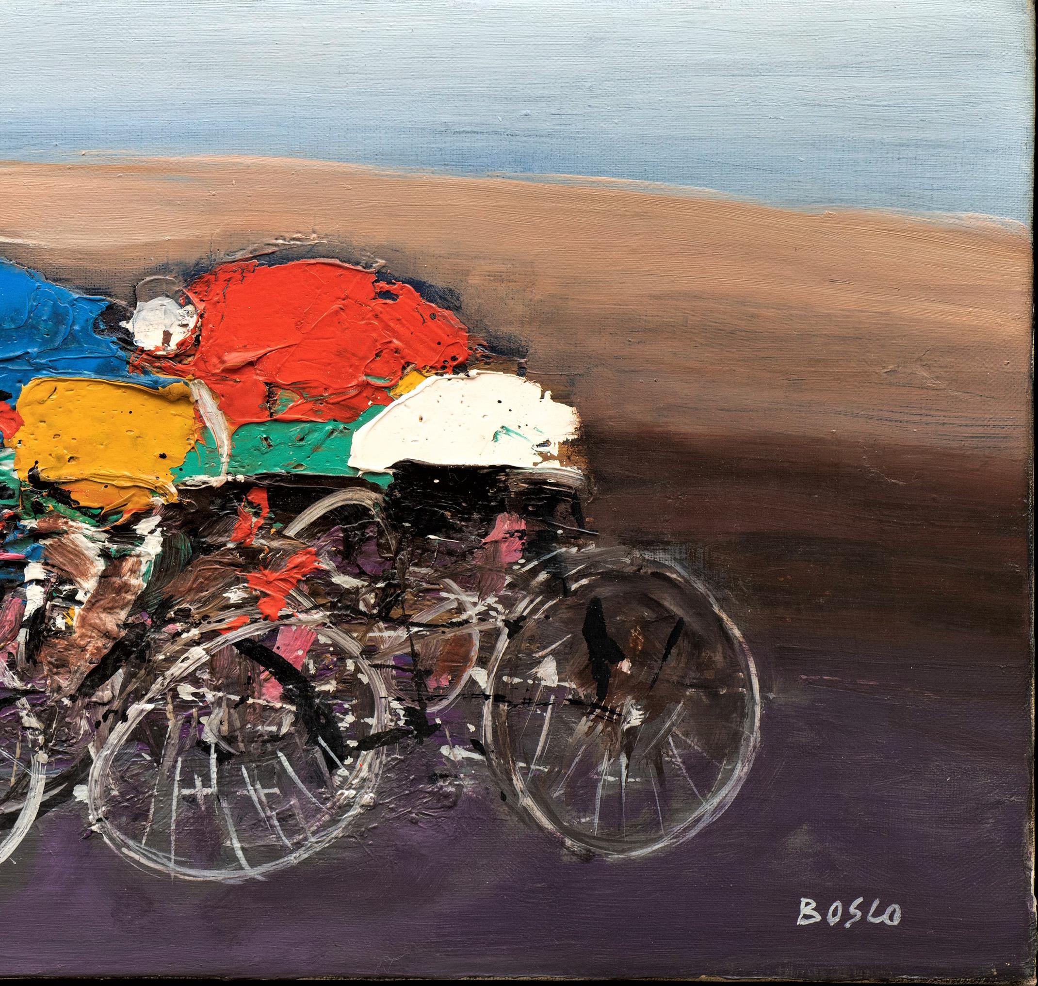 Cyclistes du milieu du siècle - Course de vélo ; On the Line Bosco n° 46 (Italie/France, 1909-1993) - Noir Figurative Painting par Pierre Bosco