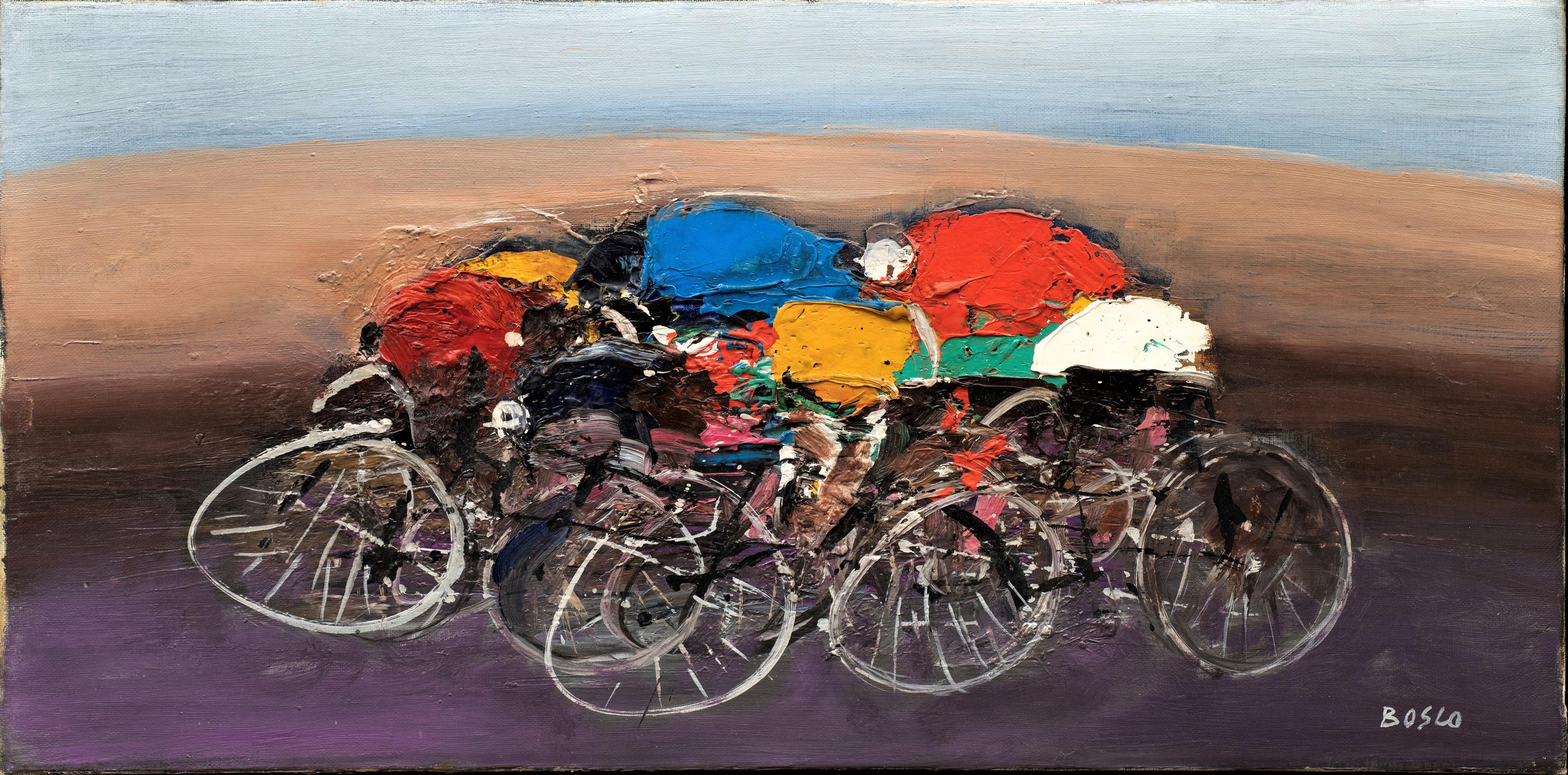 Mid-Century Cyclists- Bike Race; On the Line Bosco #46 (Italy/France, 1909-1993) - Black Figurative Painting by Pierre Bosco