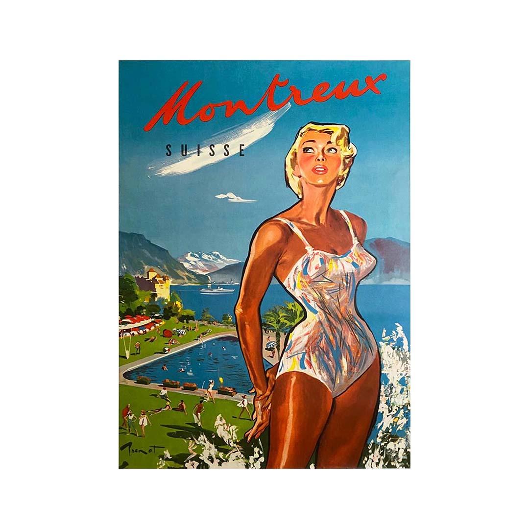 Original poster of Pierre Brenot of 1959 putting in scene a Swiss woman in fancy bathing suit, in background the castle of Chillon and the lake of Geneva.

Montreux is a traditional resort town on Lake Geneva. Nestled between steep hills and the