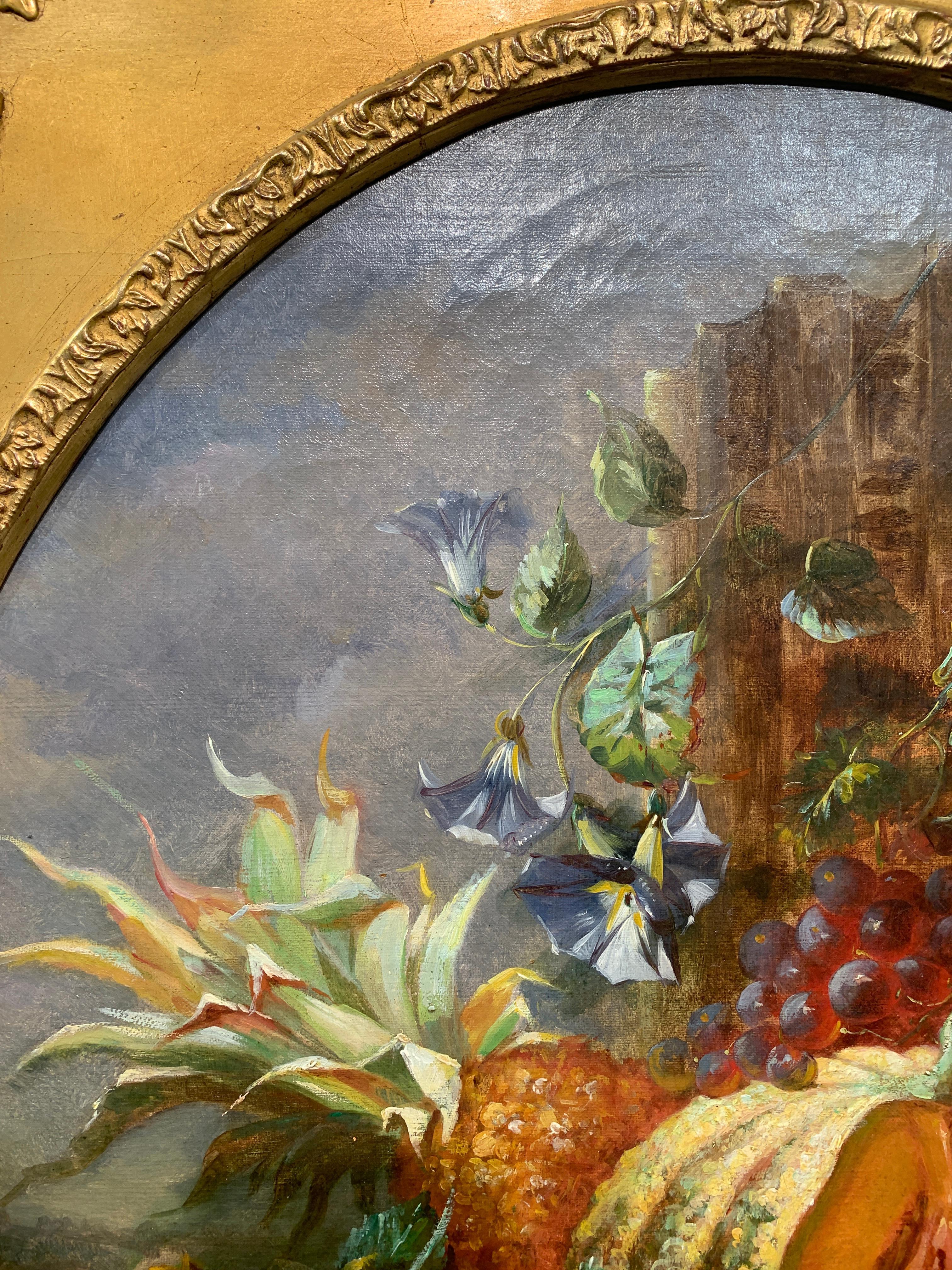 Oval French 19th century Antique still life of fruit and flowers in a landscape. - Victorian Painting by GONTIER Pierre Camille