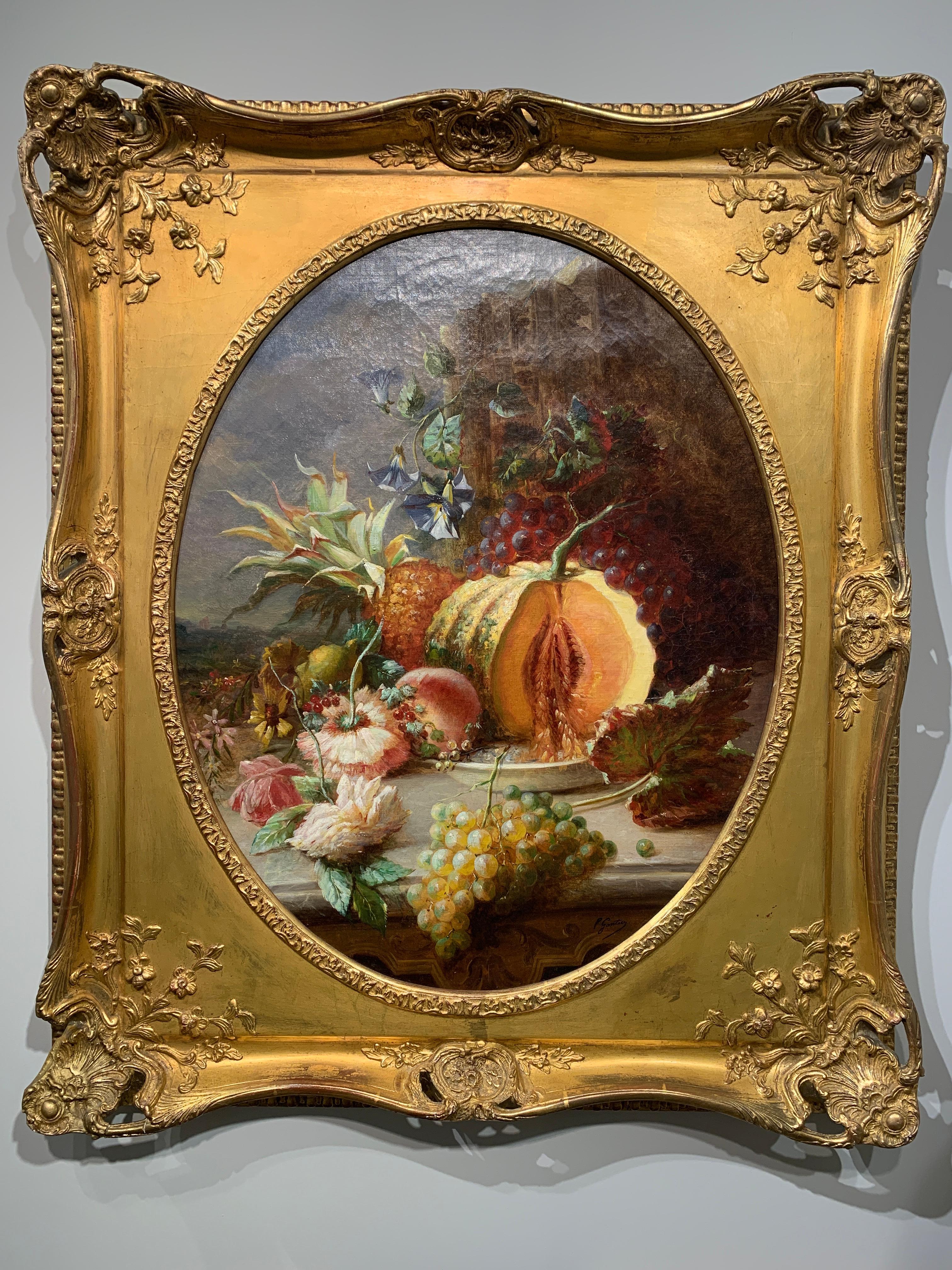 GONTIER Pierre Camille Landscape Painting - Oval French 19th century Antique still life of fruit and flowers in a landscape.