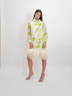Pierre Cardin 1960s Chiffon Printed Cocktail Dress with Ostrich Feather Hem