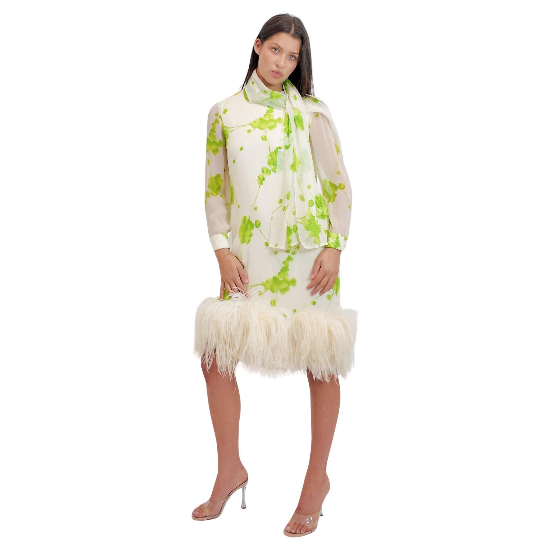 Pierre Cardin 1960s Chiffon Printed Cocktail Dress with Ostrich Feather Hem