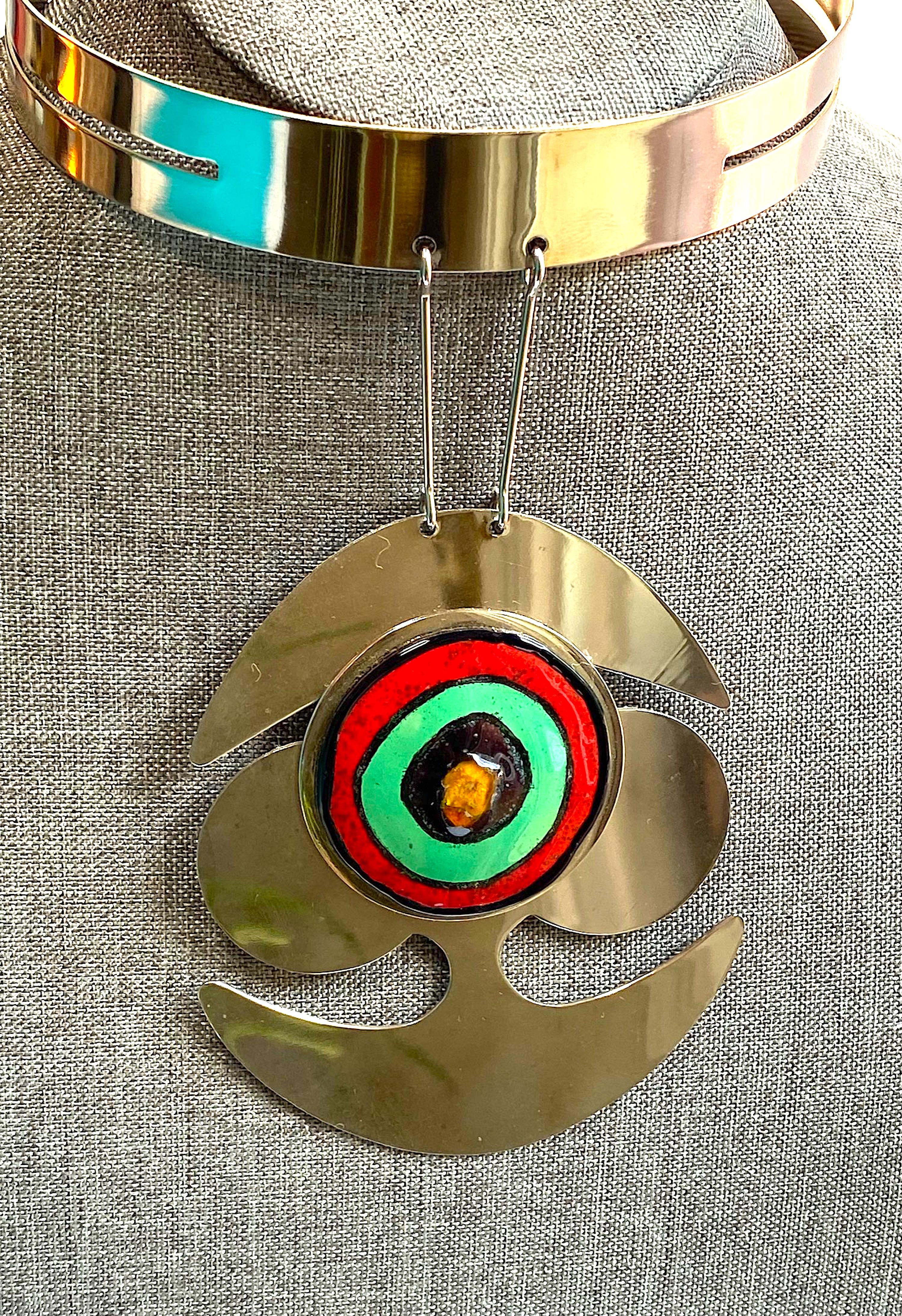 Pierre Cardin 1960s Space Age Mod Enamel & Chrome Necklace 9