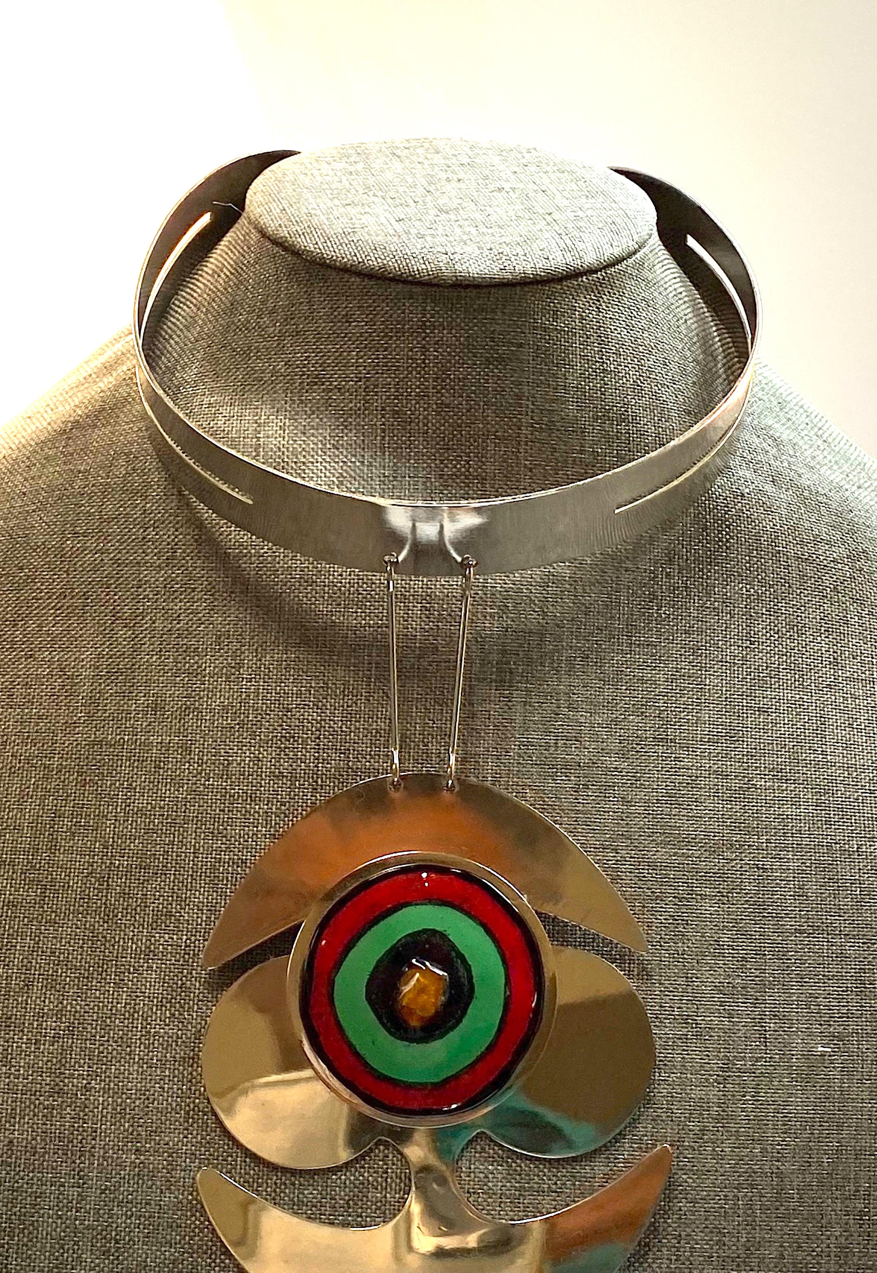 Pierre Cardin 1960s Space Age Mod Enamel & Chrome Necklace 10