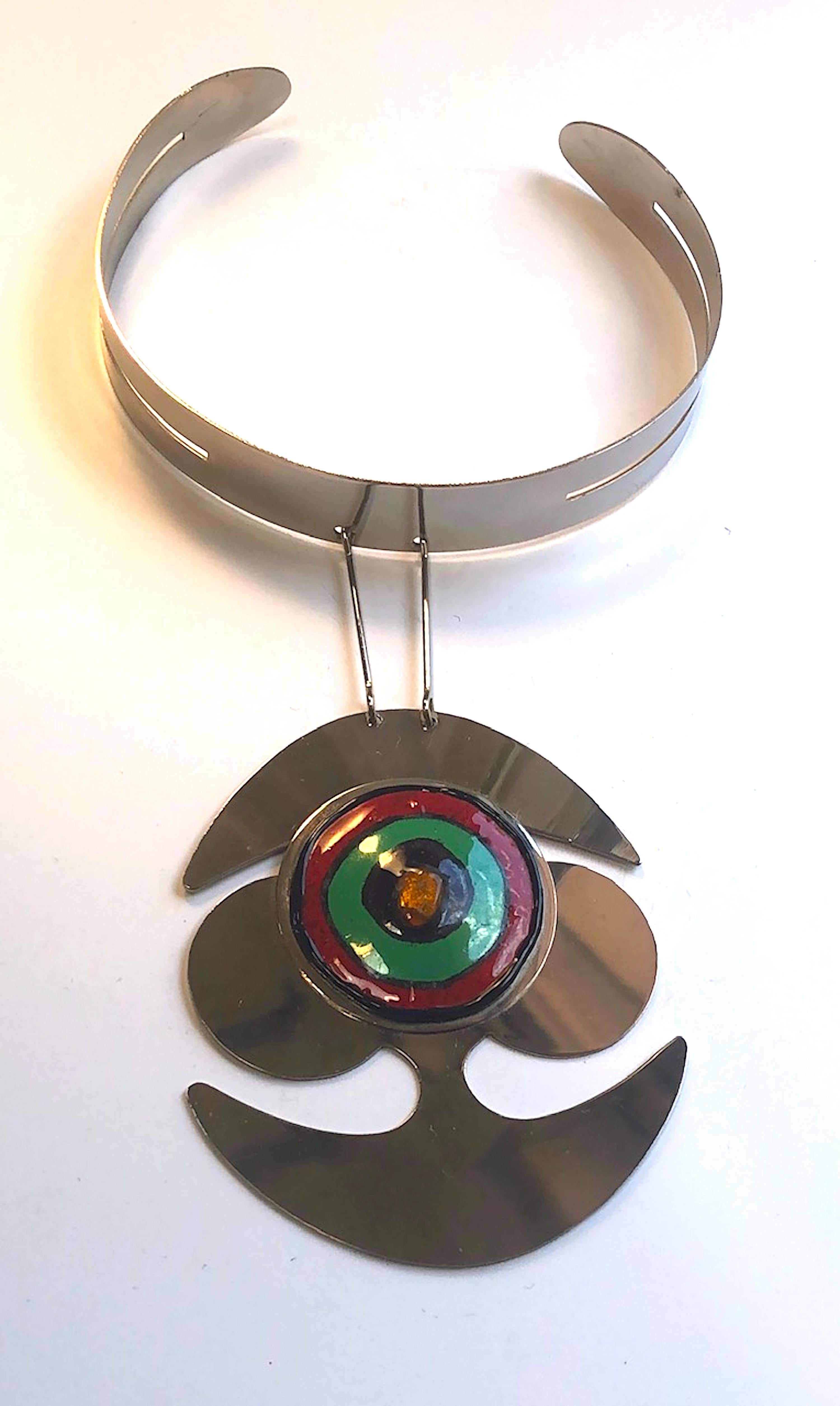 A rare and excellent example of a hand made Pierre Cardin 1960s space age collection necklace. Cardin's space age collection was a history making turning point in fashion with lasting effects to today. Along with his space age clothes, he created
