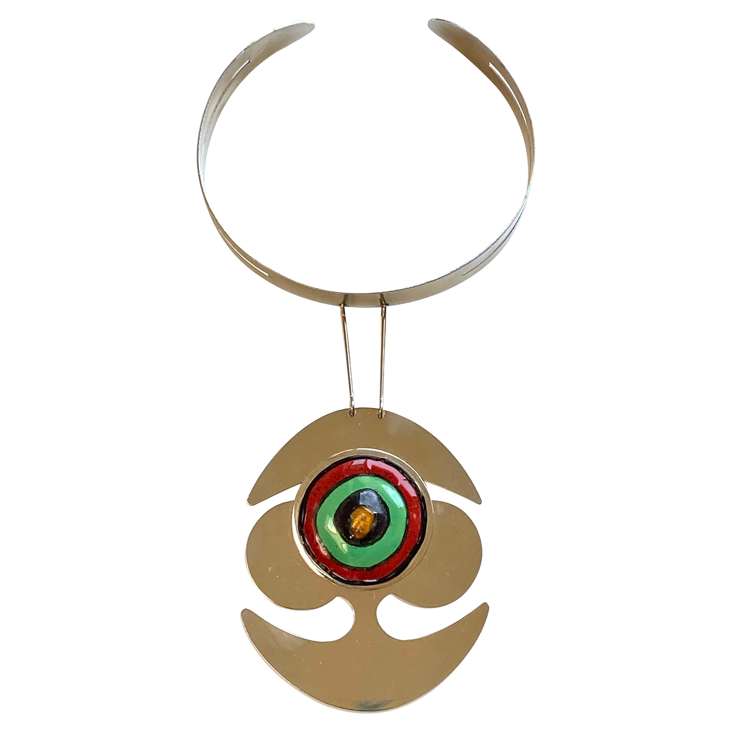 Pierre Cardin 1960s Space Age Mod Enamel 
Chrome Necklace