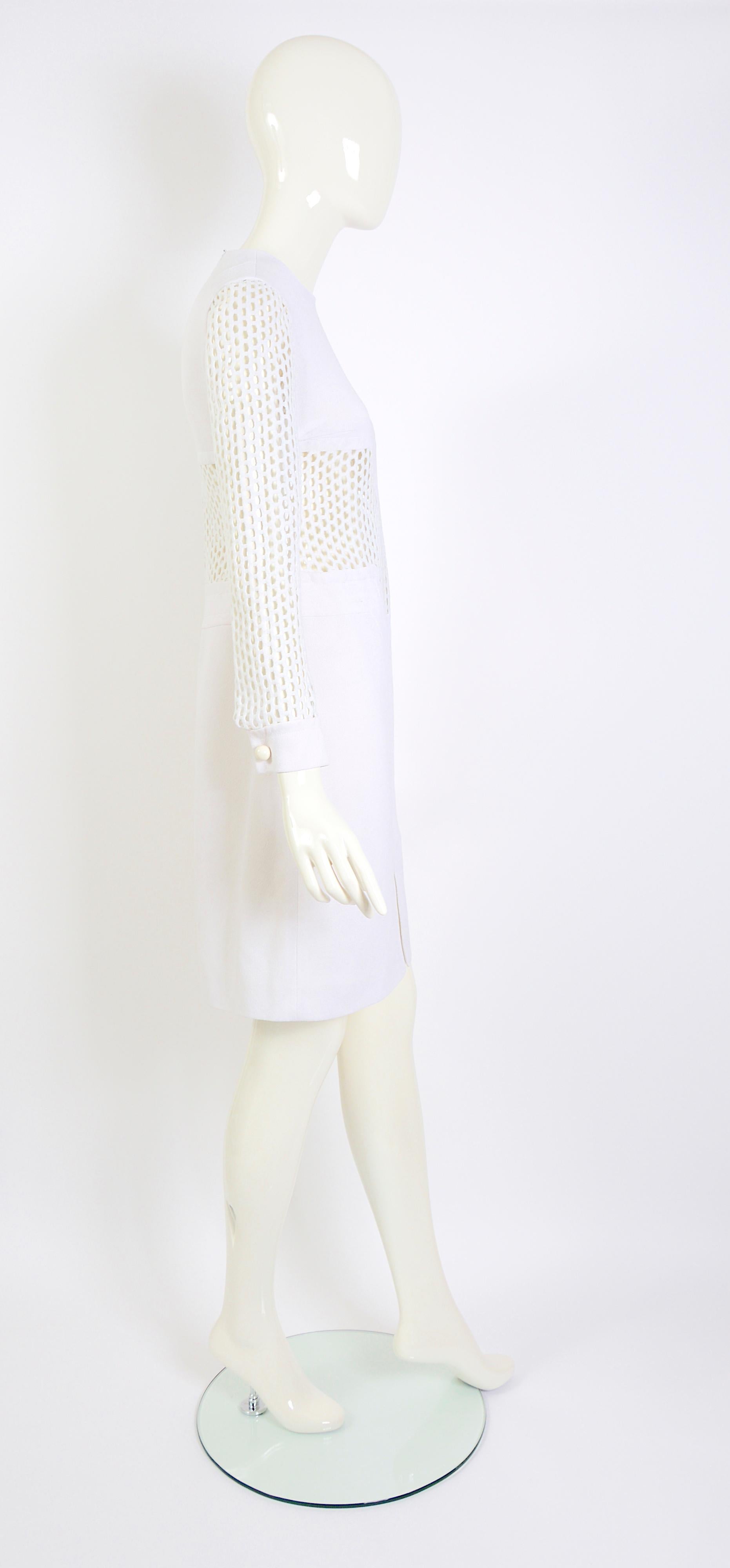 Pierre Cardin 1960s Vintage Sleeves & Midriff Transparent Mesh White Dress 6