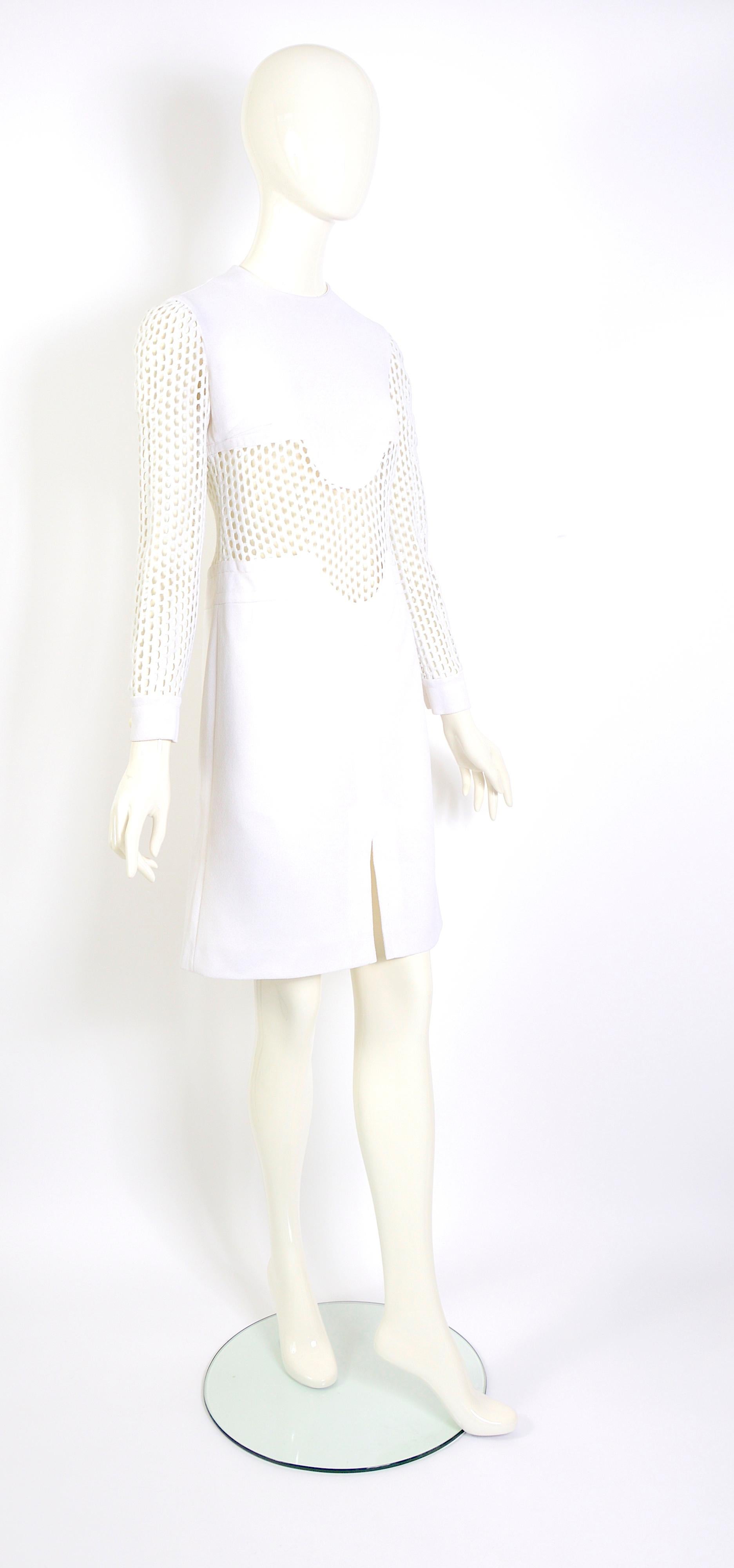 Pierre Cardin 1960s Vintage Sleeves & Midriff Transparent Mesh White Dress 7
