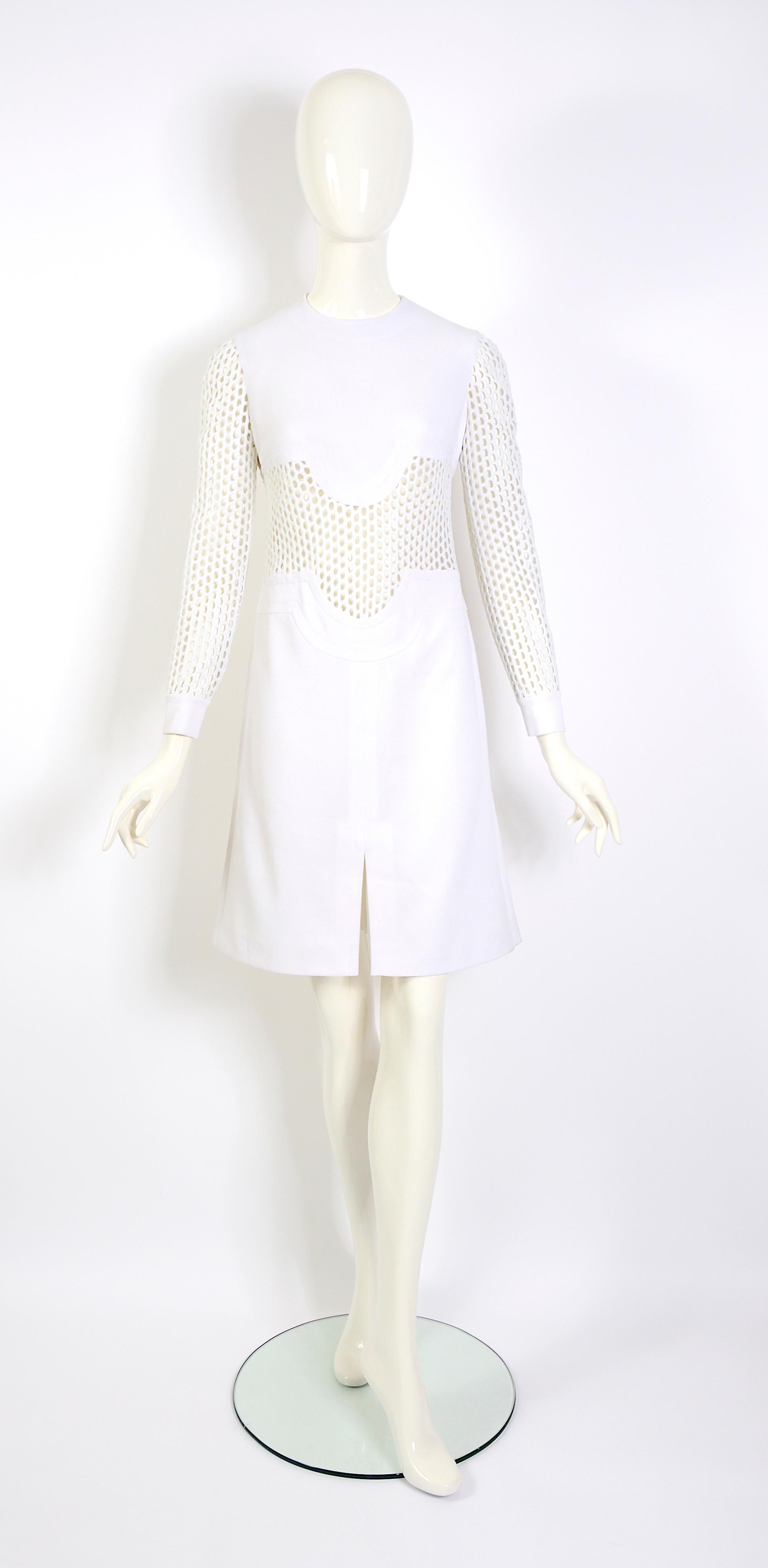 Pierre Cardin 1960s Vintage Sleeves & Midriff Transparent Mesh White Dress 8
