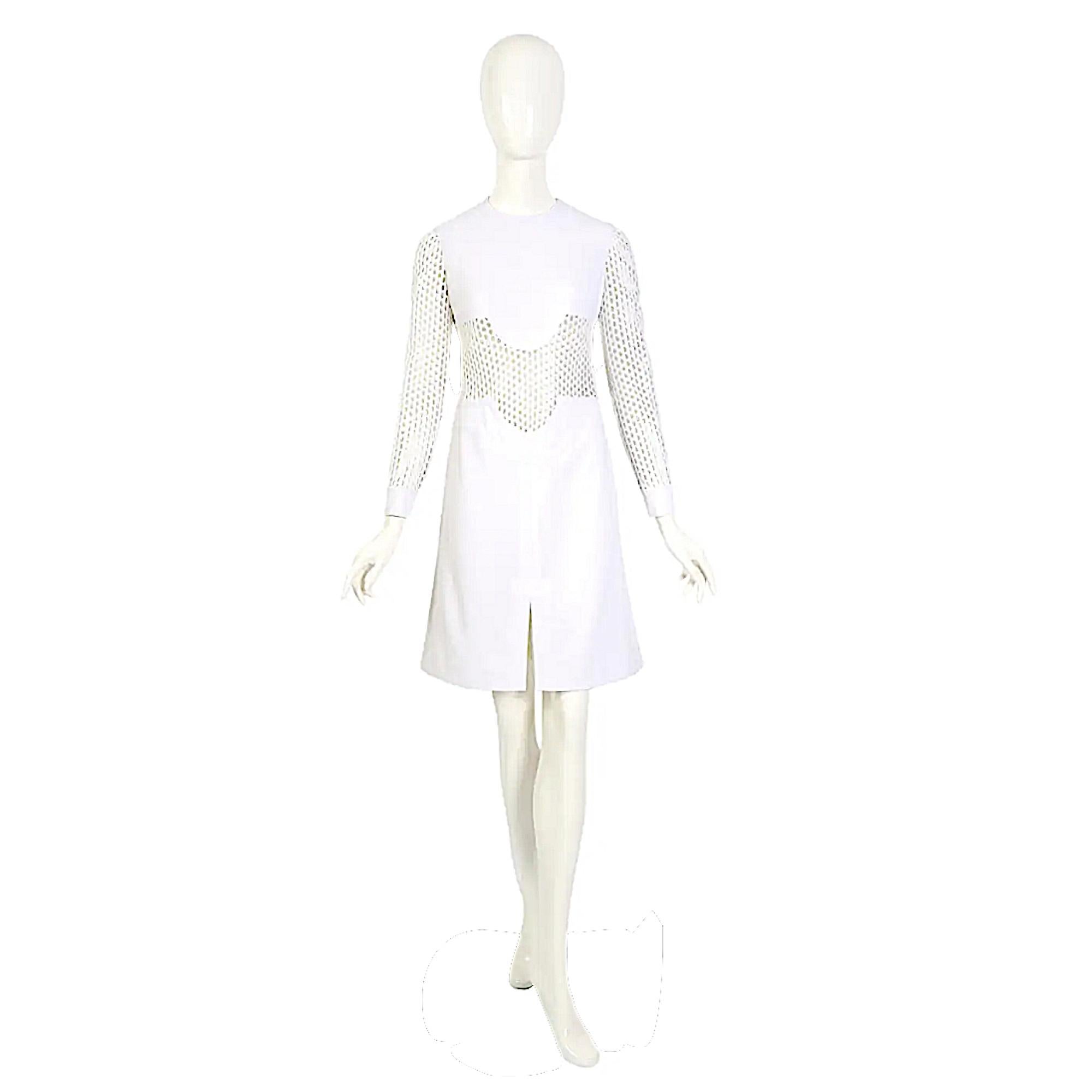 Gray Pierre Cardin 1960s Vintage Sleeves & Midriff Transparent Mesh White Dress