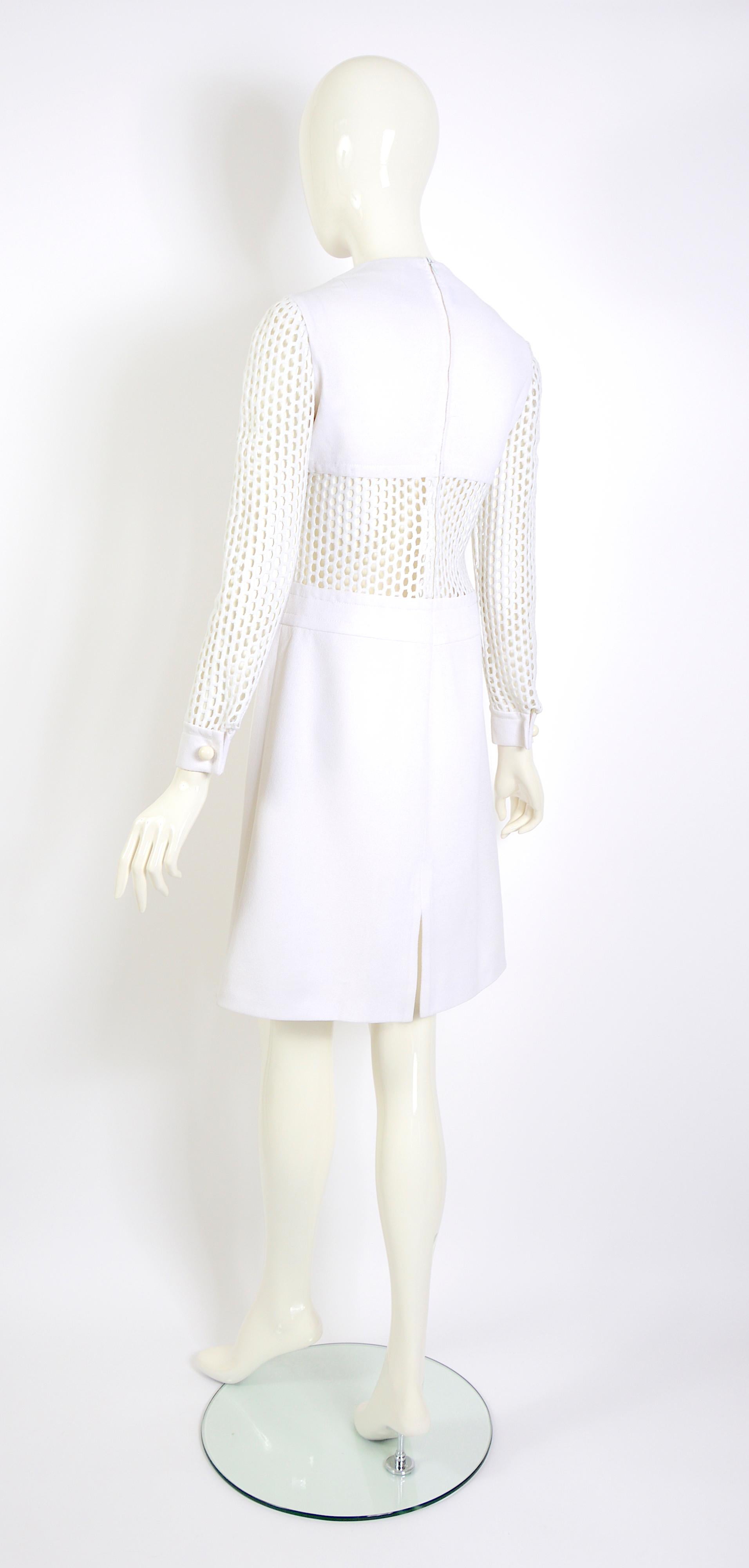 Pierre Cardin 1960s Vintage Sleeves & Midriff Transparent Mesh White Dress 1