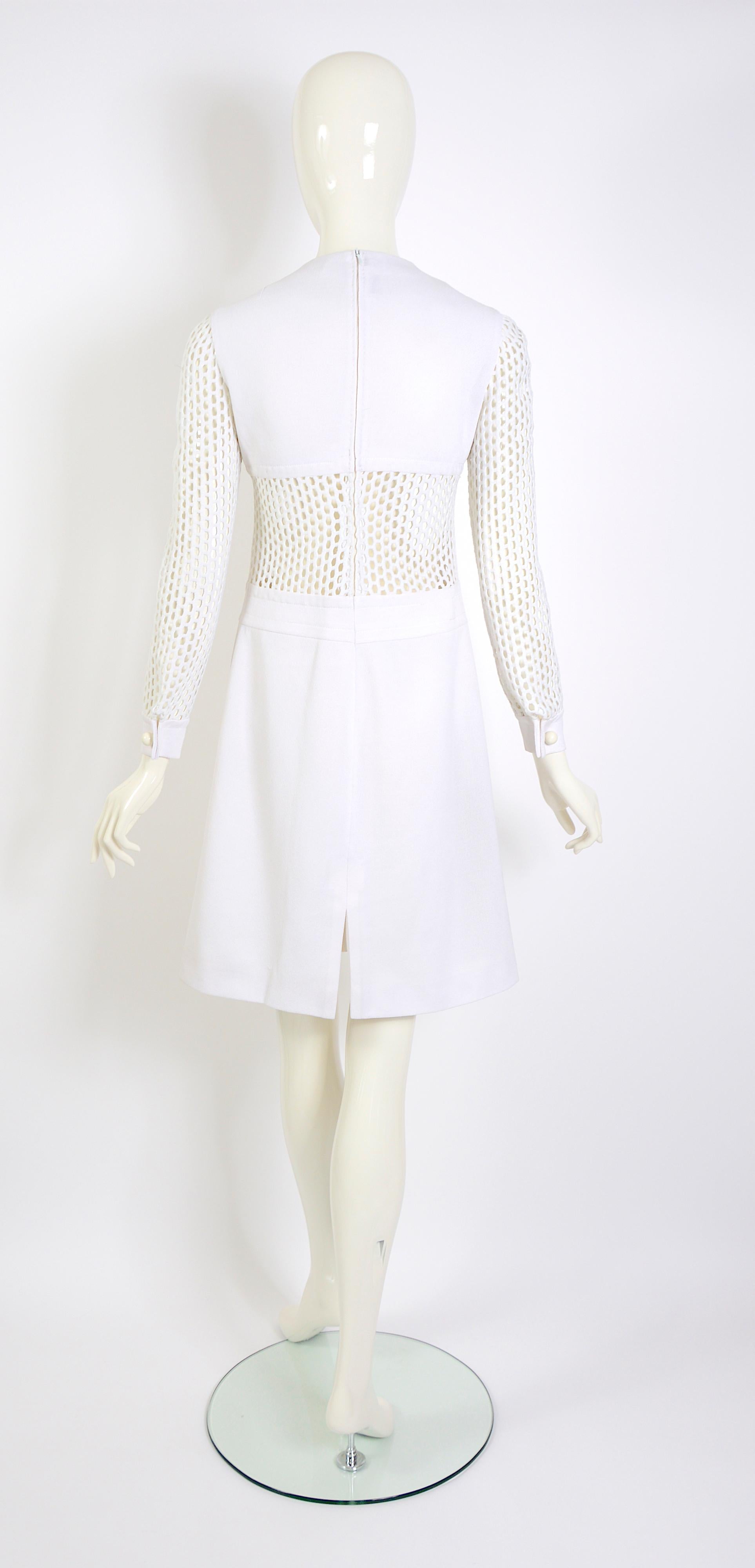 Pierre Cardin 1960s Vintage Sleeves & Midriff Transparent Mesh White Dress 3