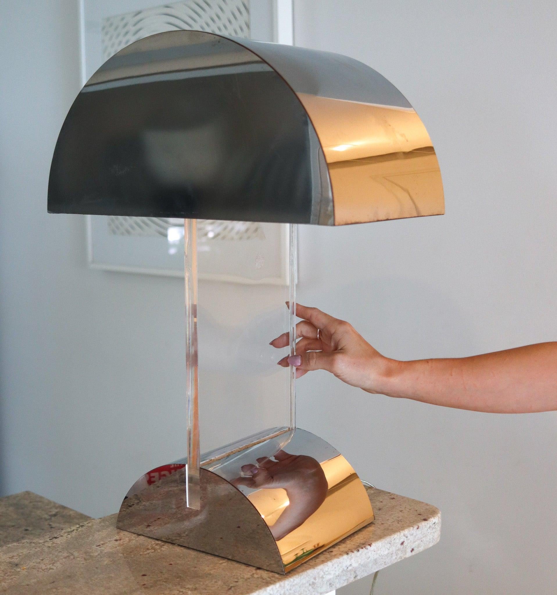 Alluminio PIERRE CARDIN 1970 French Modernist Lucite & Aluminum Statement Table Lamp in vendita