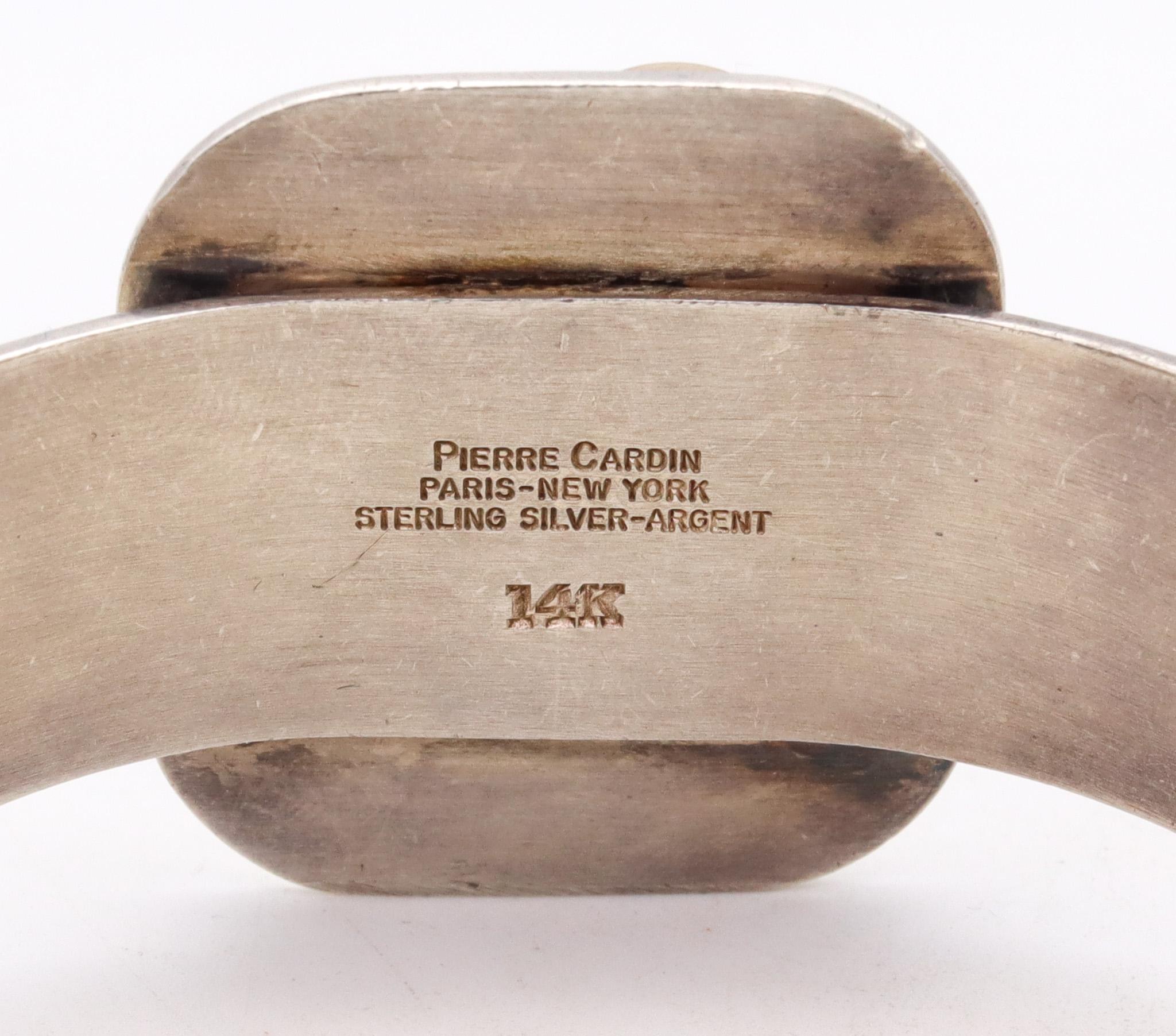 Modernist Pierre Cardin 1970 Paris Geometric Onyx Dots Cuff Bracelet 14k Gold & Sterling For Sale