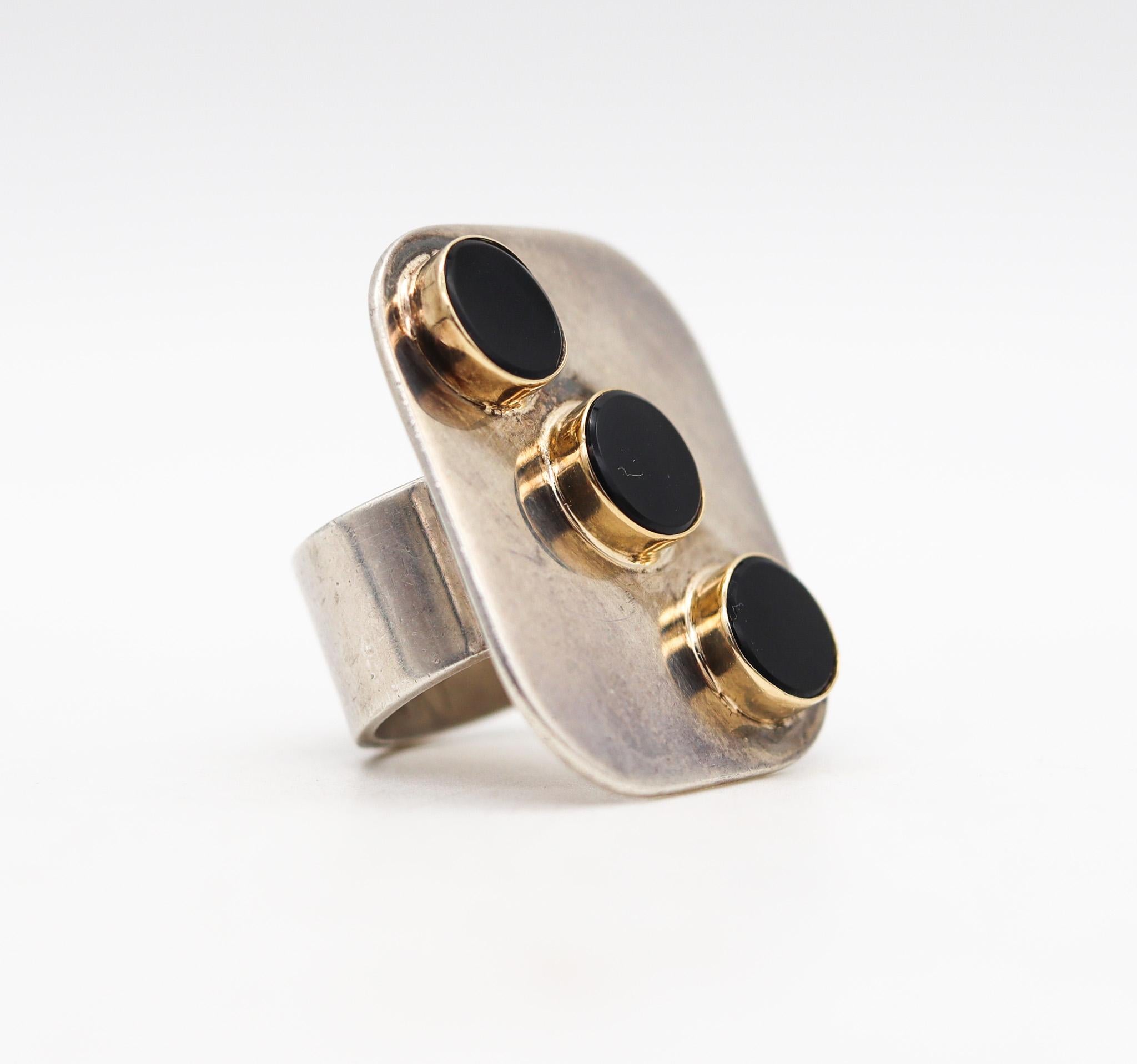Modern Pierre Cardin 1970 Paris Geometric Ring in 14 Kt Gold Sterling Silver and Onyx For Sale