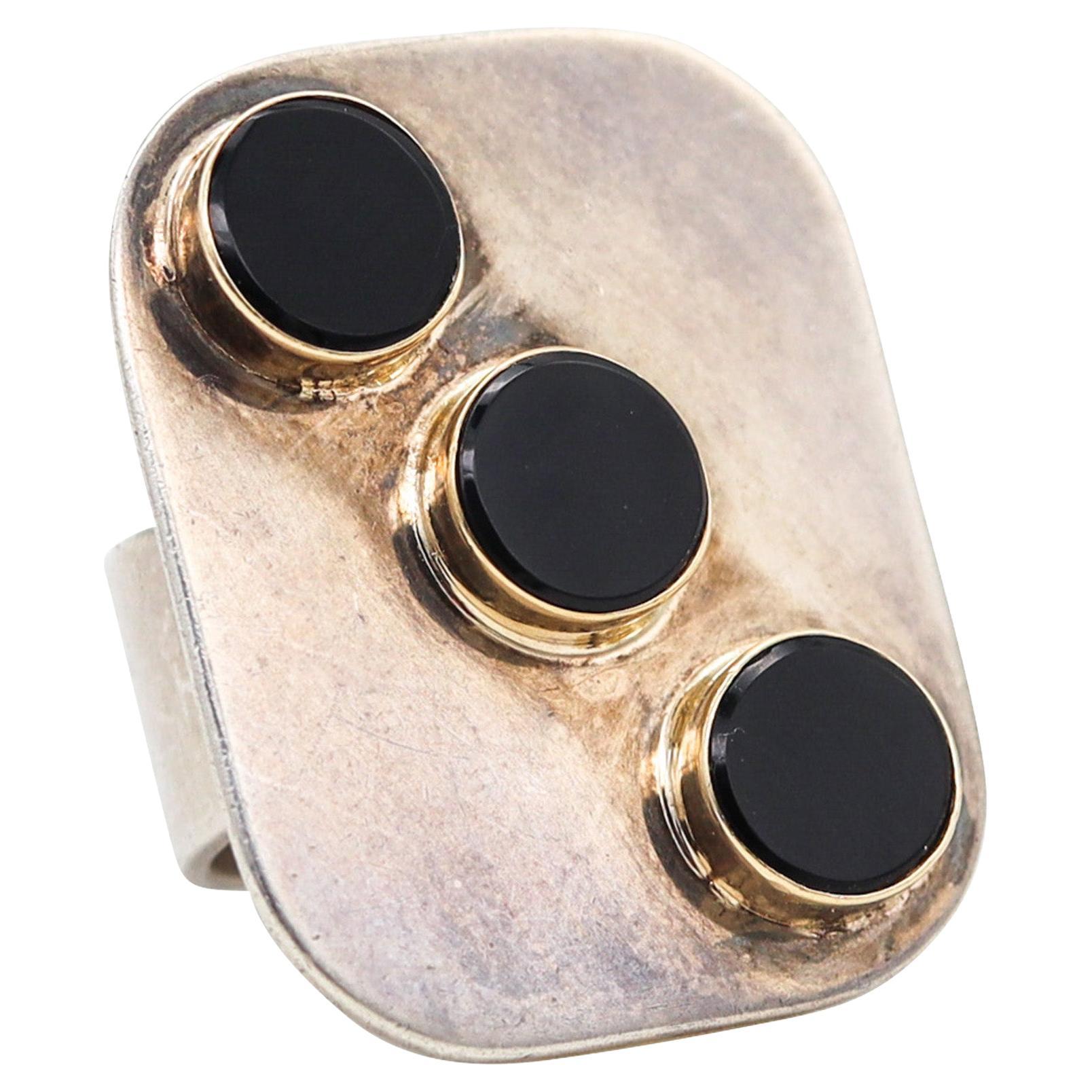 Pierre Cardin 1970 Paris Geometric Ring in 14 Kt Gold Sterling Silver and Onyx For Sale