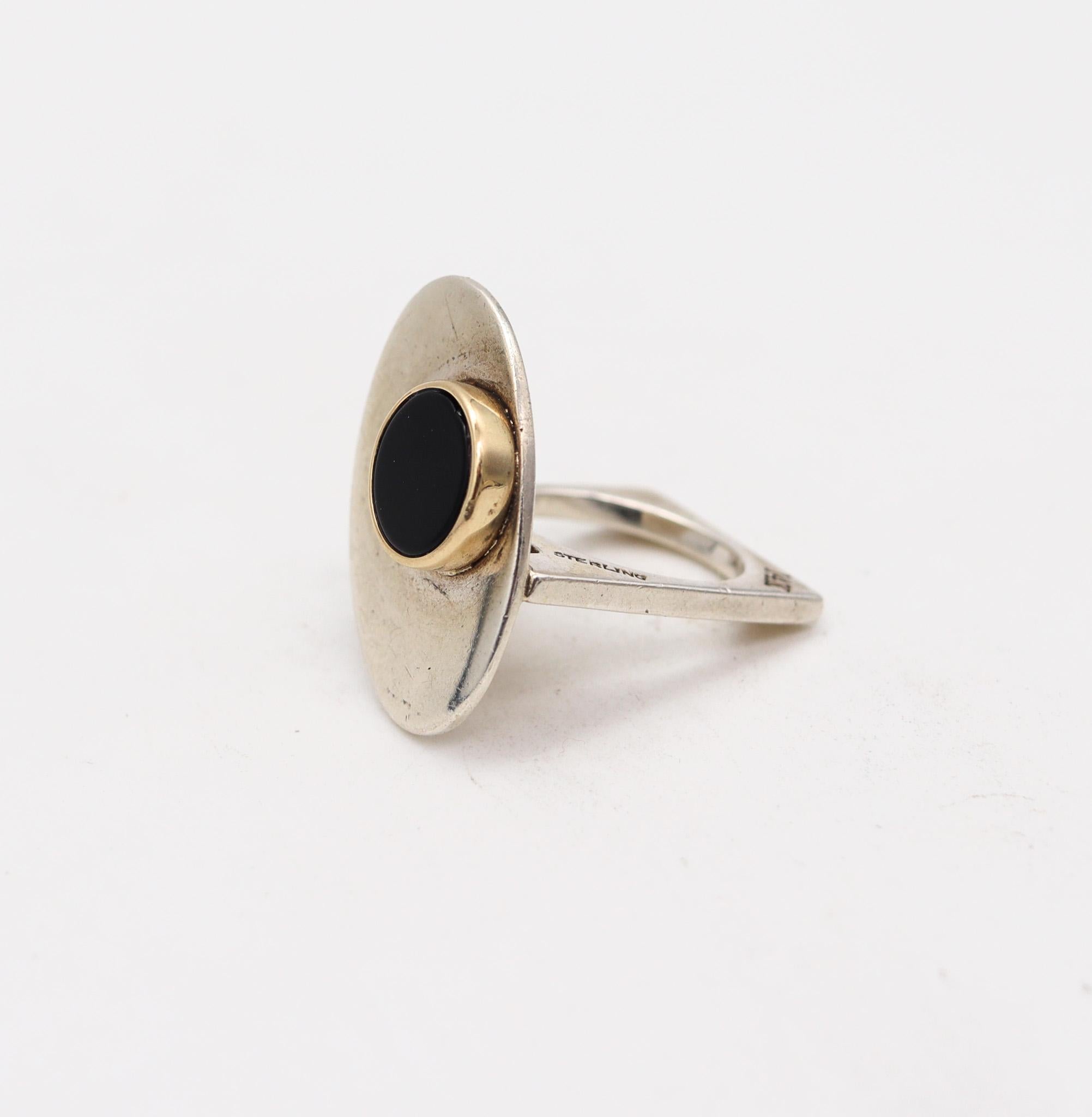 Cabochon Pierre Cardin 1970 Paris Geometric Sculptural Onyx Ring 14kt Gold and Sterling For Sale