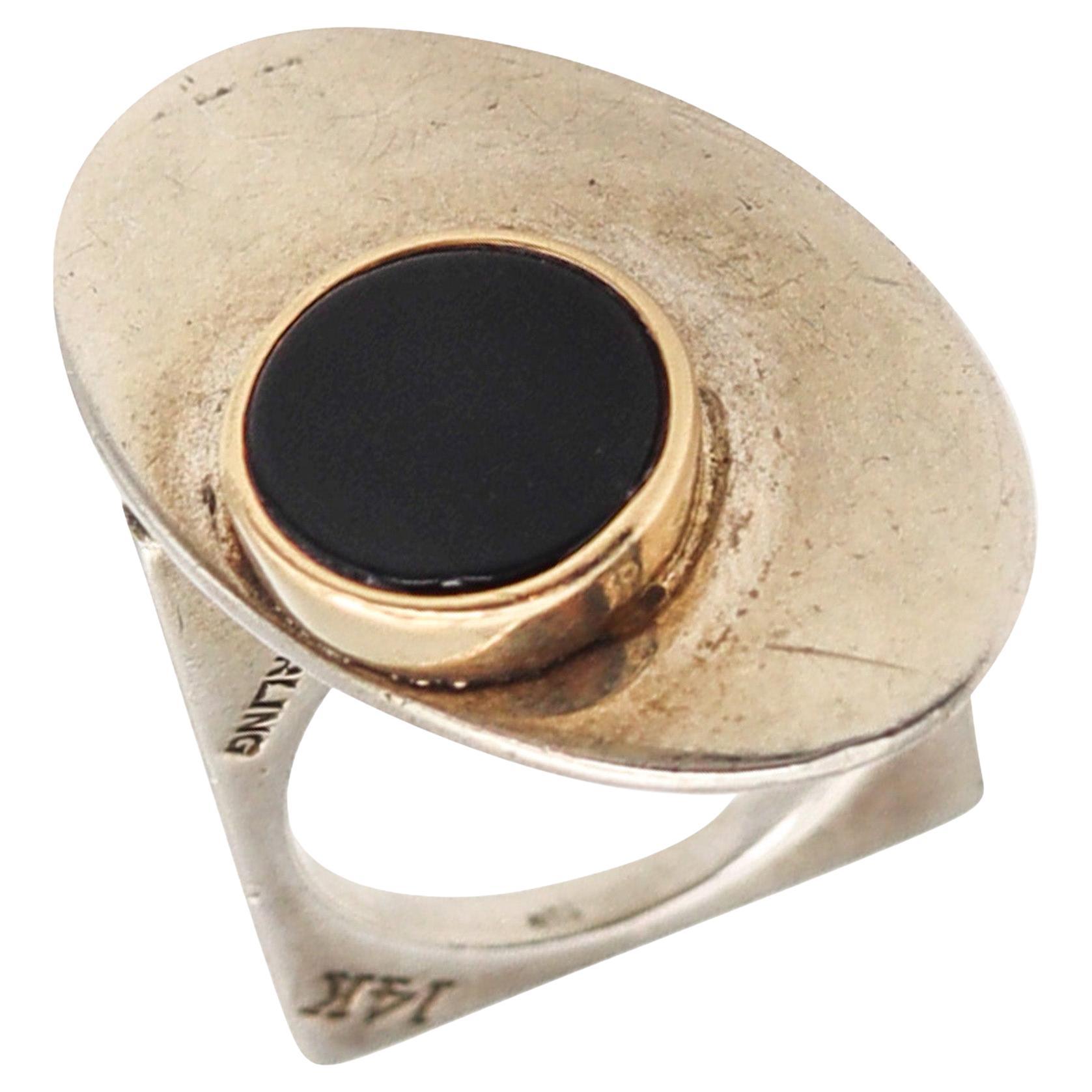 Pierre Cardin 1970 Paris Geometric Sculptural Onyx Ring 14kt Gold and Sterling For Sale