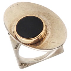 Pierre Cardin 1970 Paris Geometric Sculptural Onyx Ring 14kt Gold and Sterling