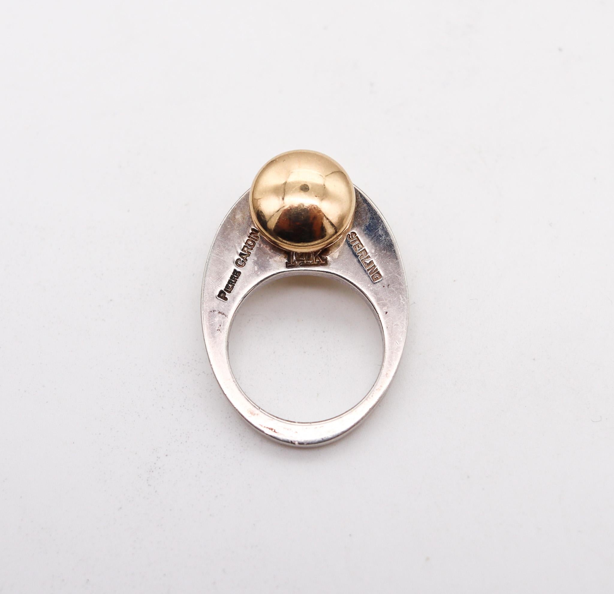 Modernist Pierre Cardin 1970 Paris Geometric Sculptural Ring in 14kt Gold and Sterling For Sale