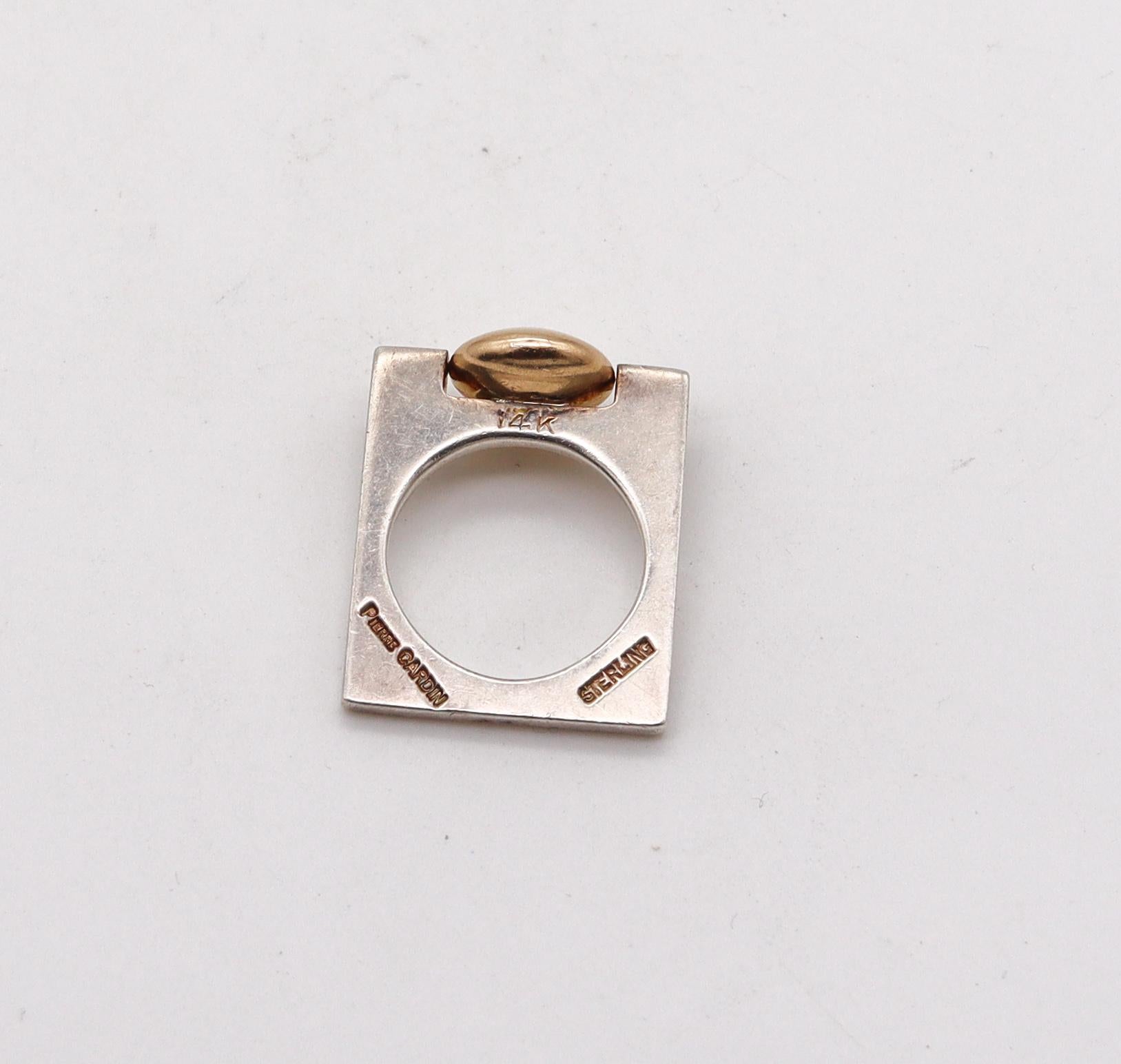 Modern Pierre Cardin 1970 Paris Geometric Squared Ring in 14kt Yellow Gold and Sterling For Sale