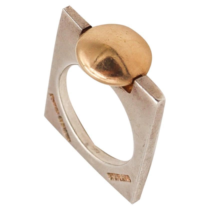 Pierre Cardin 1970 Paris Geometric Squared Ring in 14kt Yellow Gold and Sterling For Sale