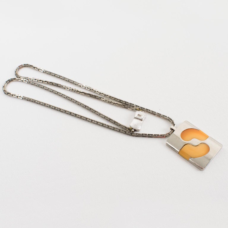 Women's or Men's Pierre Cardin 1970s Modernist Silvered  and Yellow Resin Pendant Necklace  For Sale