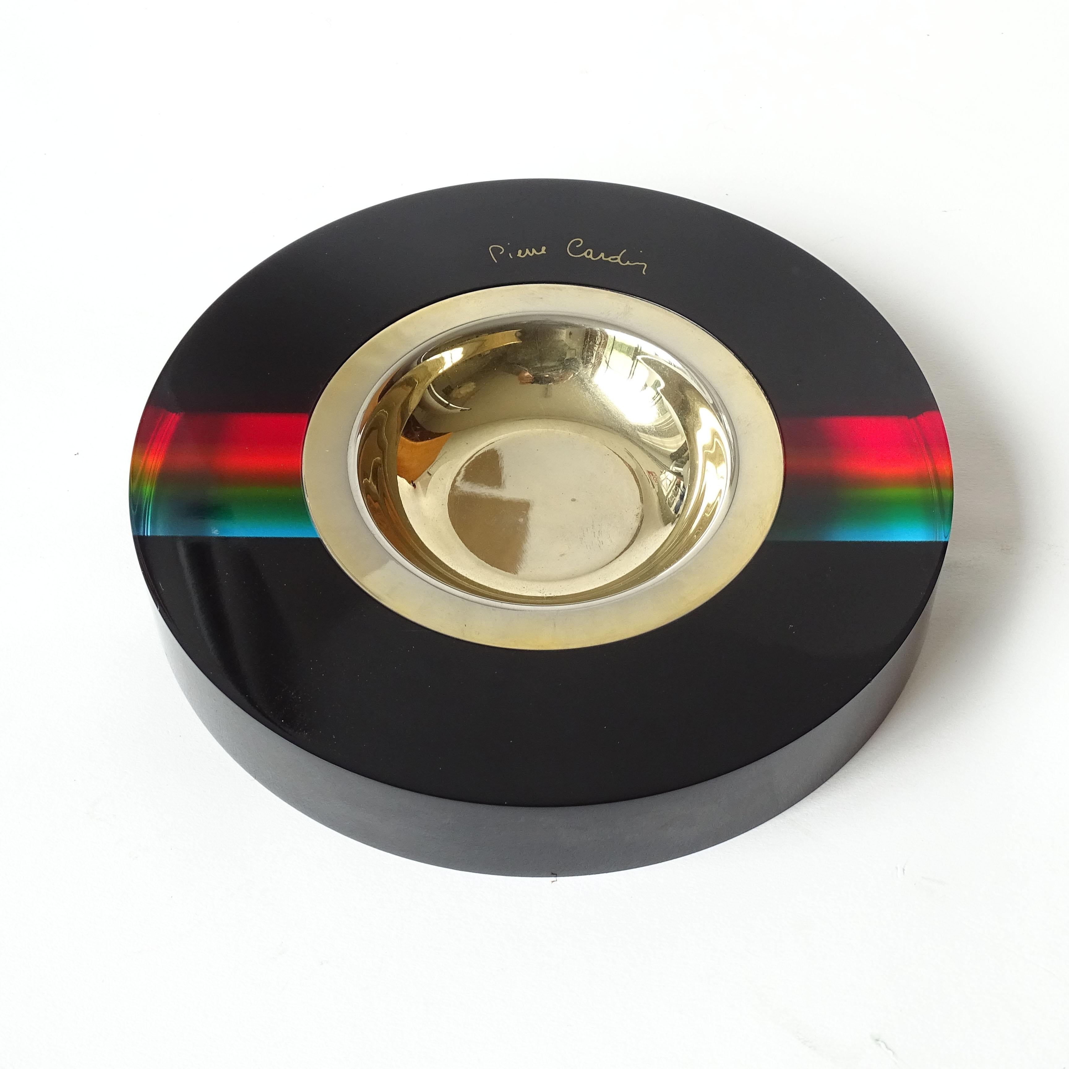 Splendid Pierre Cardin 1970s Rainbow and Black Lucite and Brass Ashtray, France