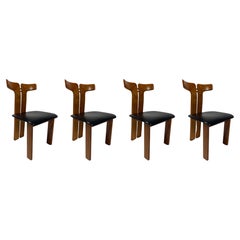 Pierre Cardin, 4 Dining Chairs in Walnut and Leather, 1970s